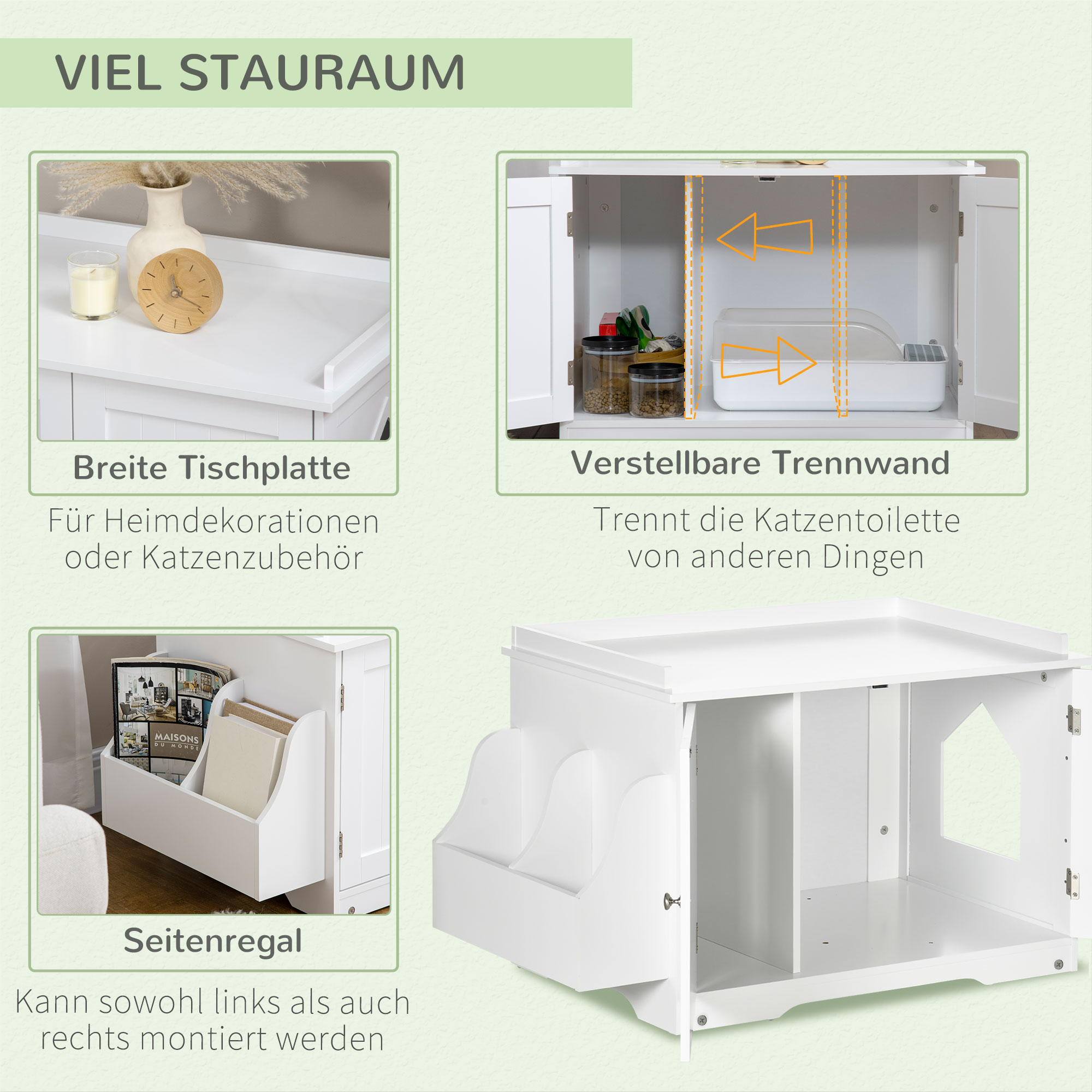 Katzentoilette, Katzenhaus, mit Trennwand, magnetischer Doppeltür, seitlicher Ablage, weiß, 86 x 48 x 52cm