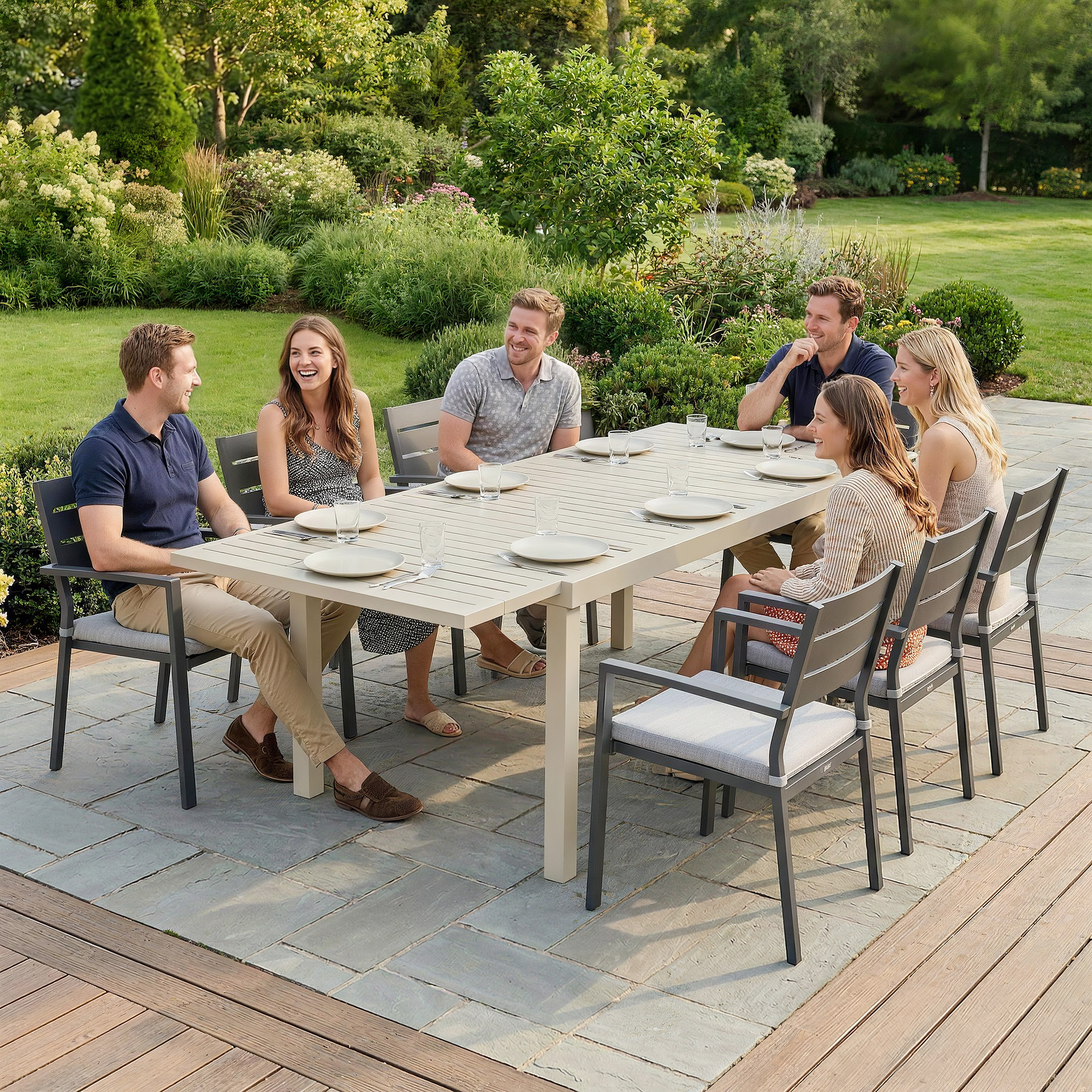 Gartentisch Ausziehbarer 150/225 x 85 cm Aluminium Esstisch für 6-8 Personen, Rechteckig Lamellenoptik