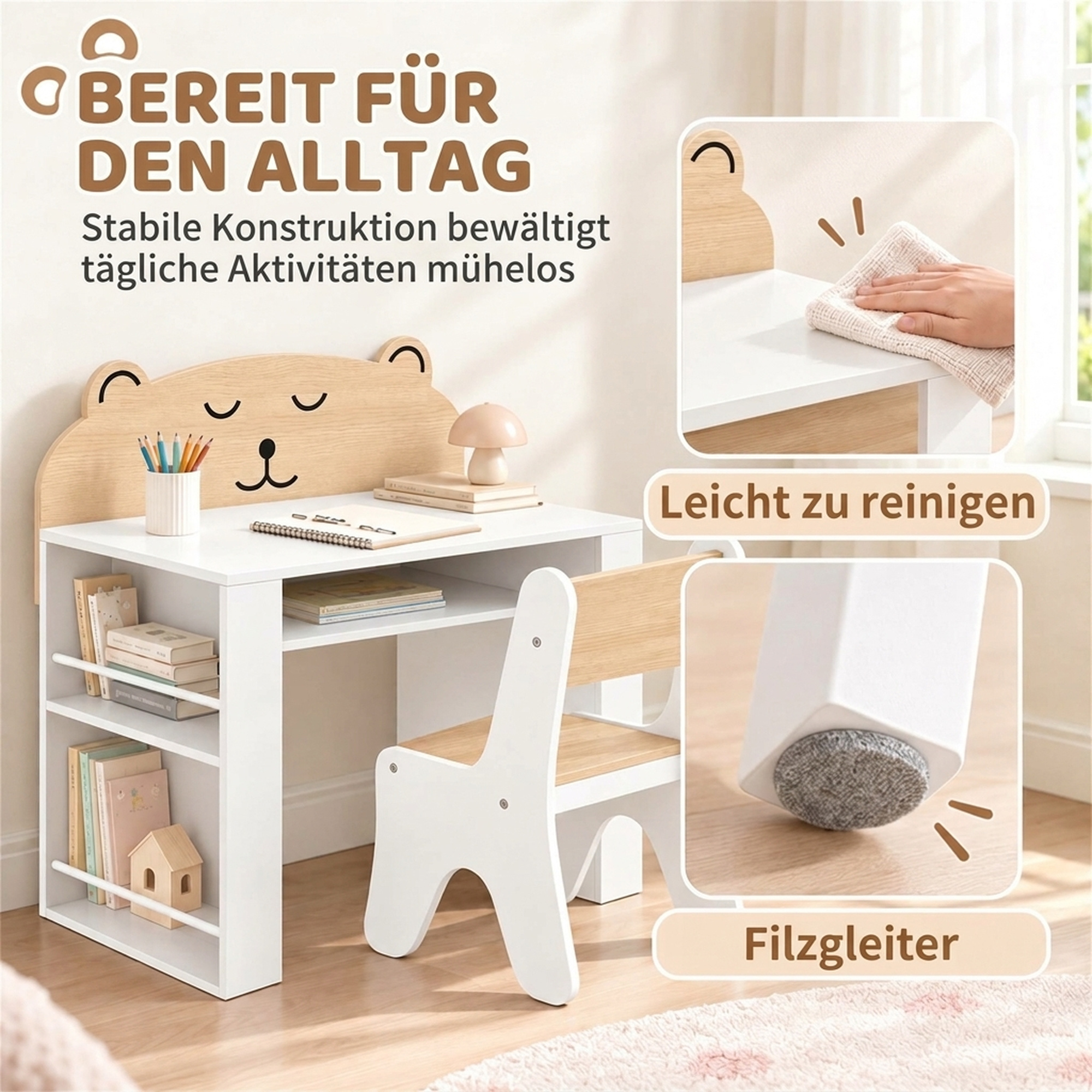 Kindertisch mit Stuhl 2 teilige Kindersitzgruppe mit Bücherregal Ablagefach Bären-Design für Kinder 3-8 Weiß