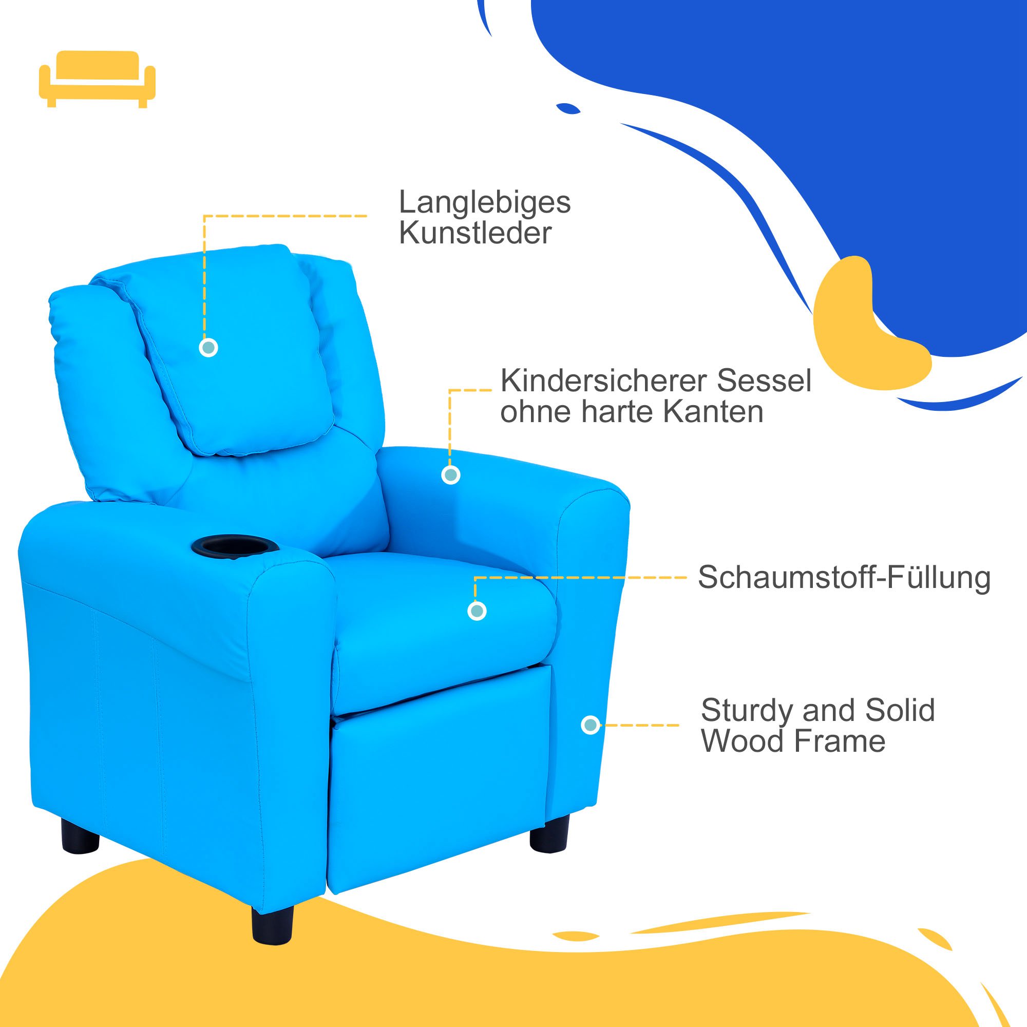 Kindersessel mit neigbarer Rücklehne 62 x 52 x 69cm Massivholzrahmen Blau