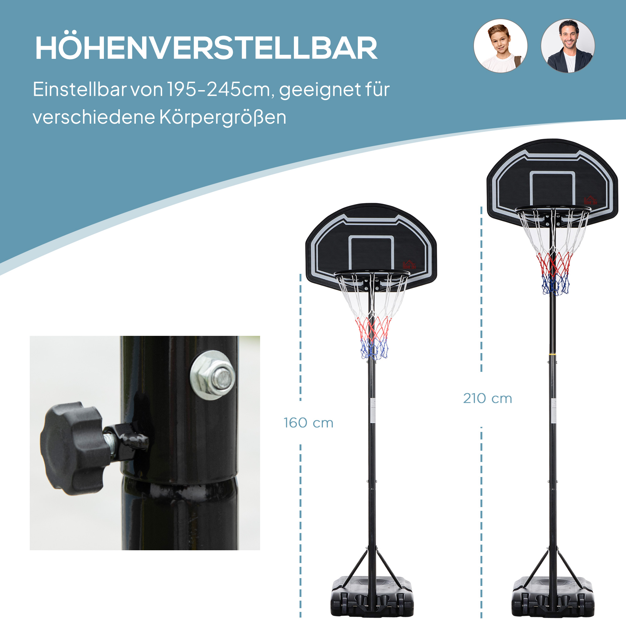 Basketballkorb Outdoor für Jugendliche, 160-210 cm Höhenverstellbarer Basketballständer mit Rollen