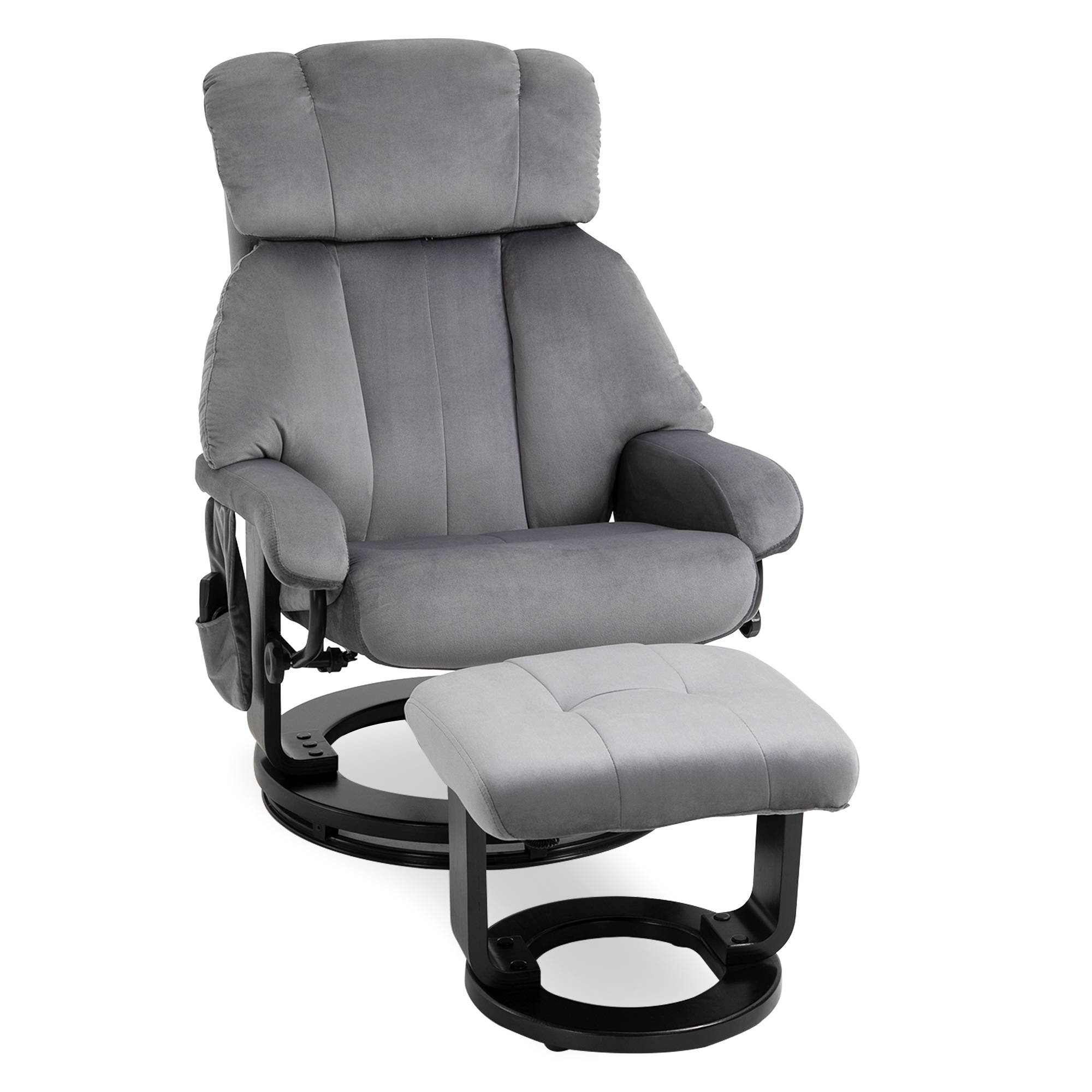 Relaxsessel mit Hocker, Drehbarer Fernsehsessel mit Schwingmassage, Liegefunktion, Massagesessel mit Seitentasche, Liegesessel mit Samtoptik für Wohnzimmer Grau