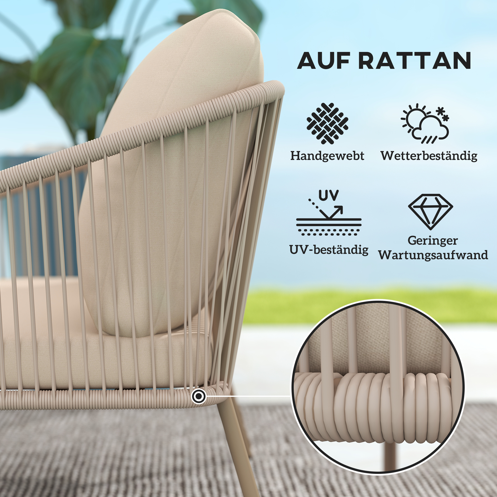 2-Sitzer Rattansofa  mit Kissen Loungesofa Sitzgruppe, Wetterfest Couch Beige
