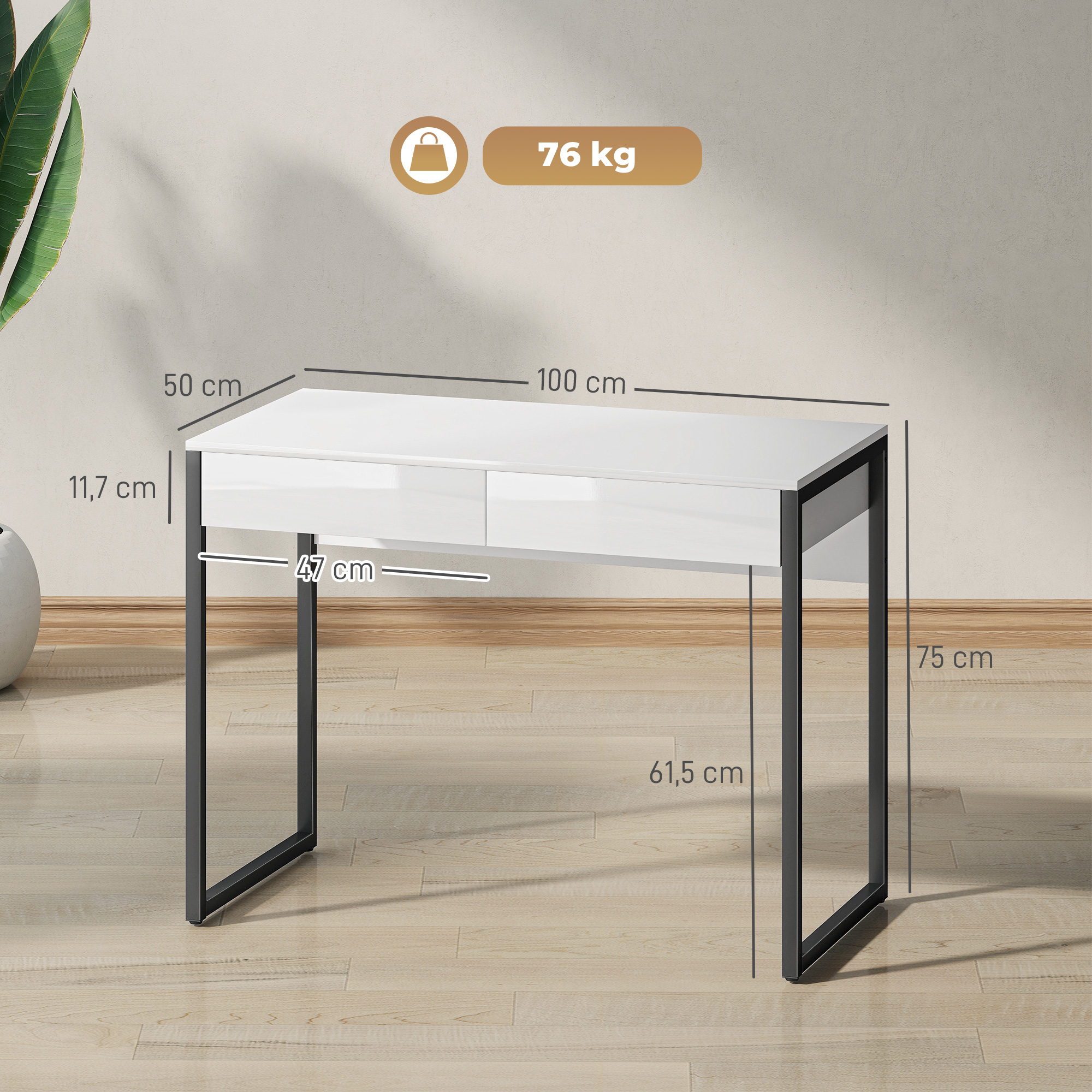 Schreibtisch 100 x 50 cm Computertisch Bürotisch mit 2 Schubladen, für kleine Räume, Schwarz