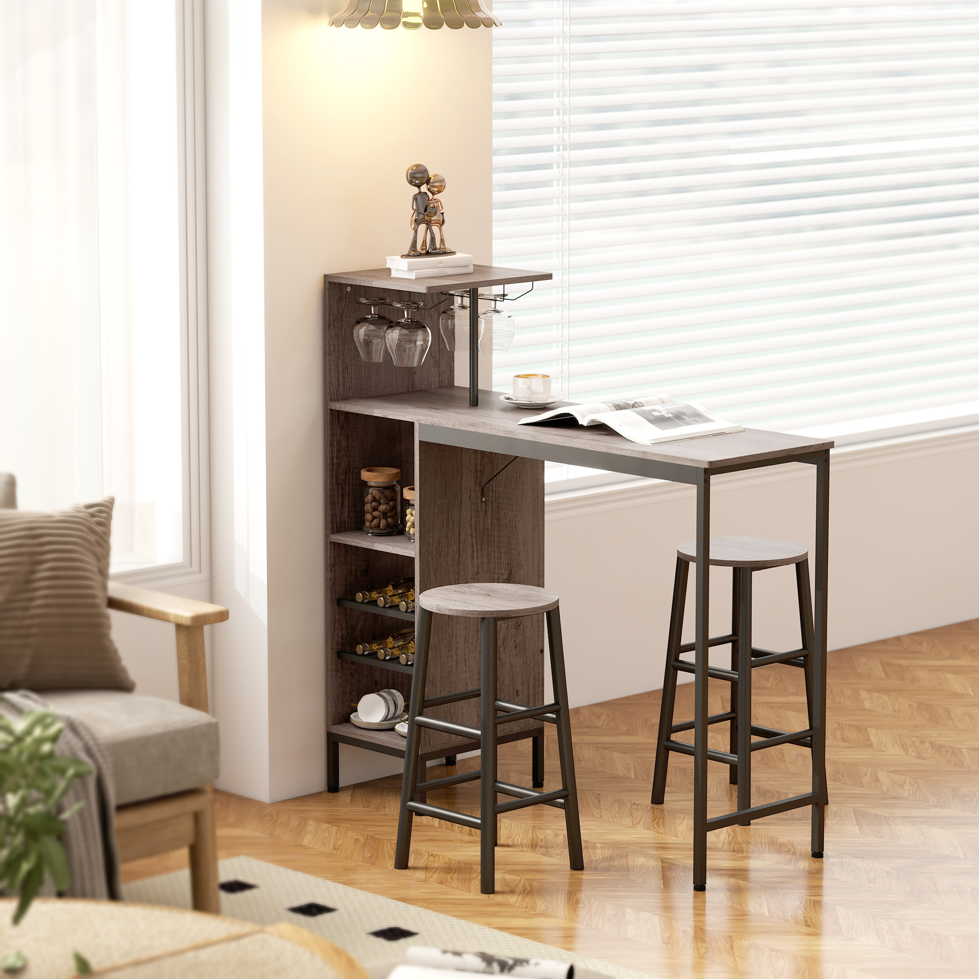 3-tlg. Bartisch-Set mit Stauraum, Weinregalen, Glashaltern, Hockern mit Fußstütze, für kleine Räume, Grau