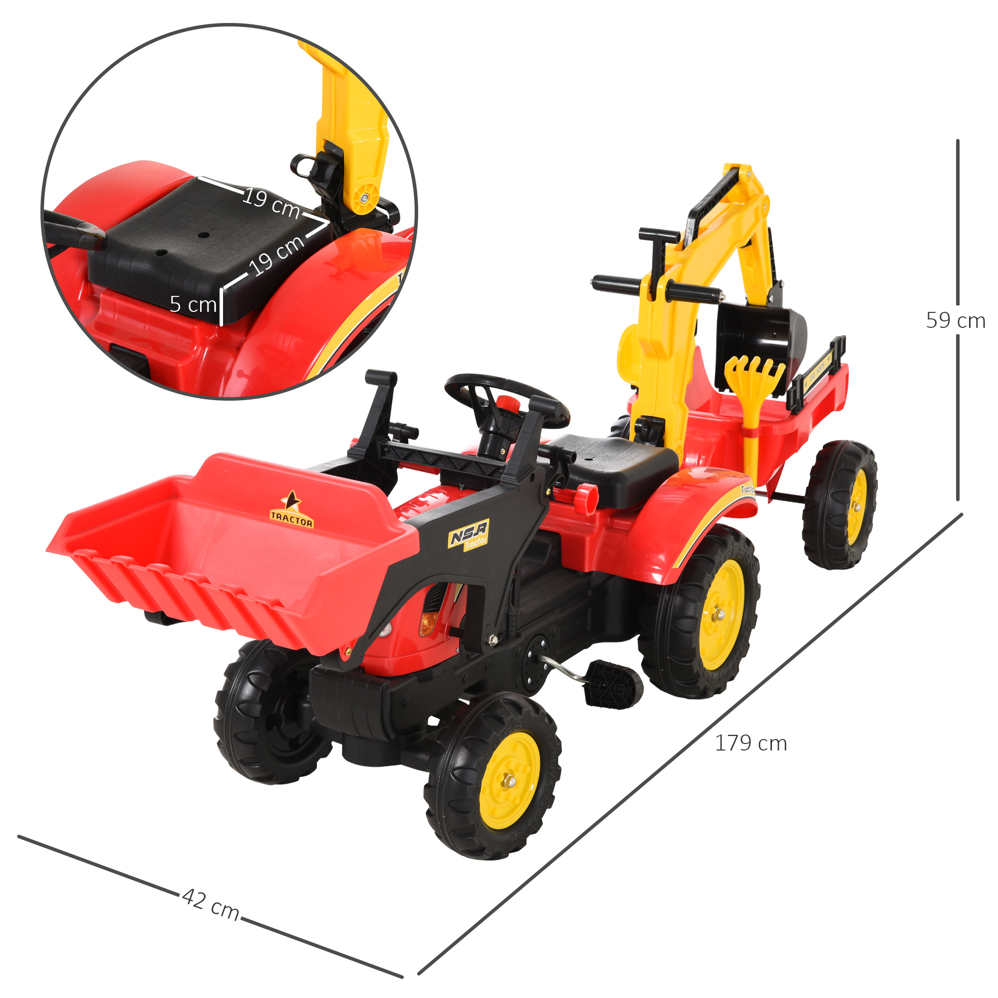 Trettraktor mit Anhänger, Frontlader, verstellbarer Schaufel, Traktor Tretfahrzeug für Kinder ab 3 Jahren Rot