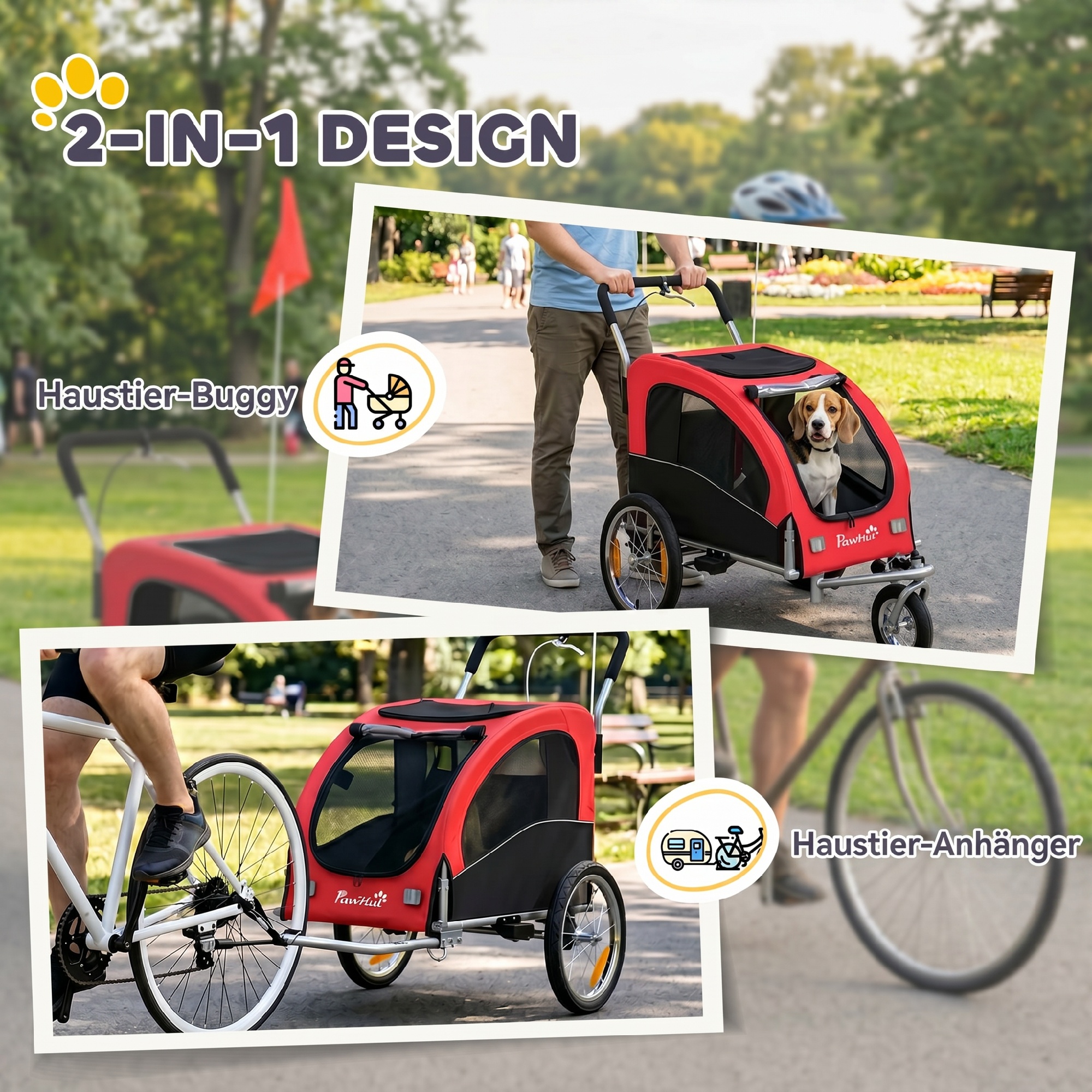 2-in-1 Hundeanhänger für Fahrrad Faltbarer Hundebuggy für kleine & mittelgroße Hunde bis 20 kg, Rot