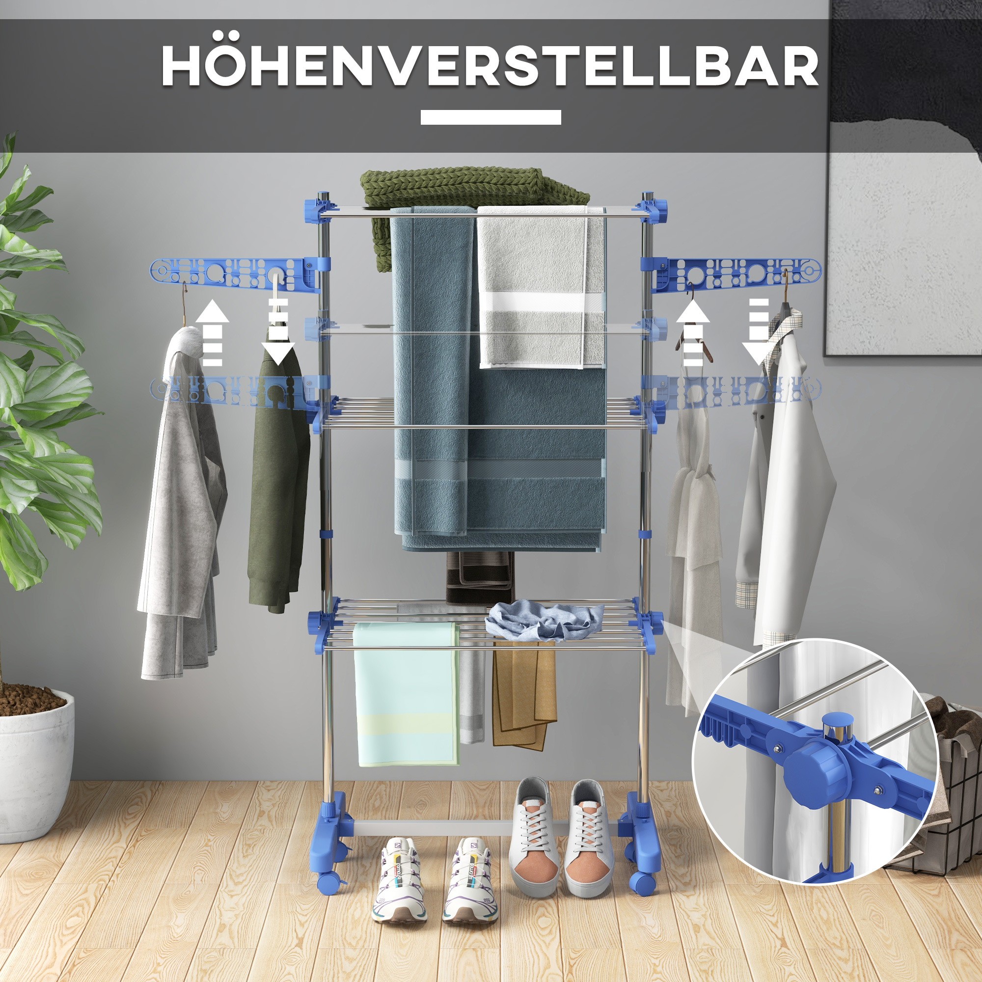 Wäschenständer Wäschetrockner. 4 Ebenen, klappbar, One-Klick-System, 142 cm x 55 cm x 152 cm Blau + Silber