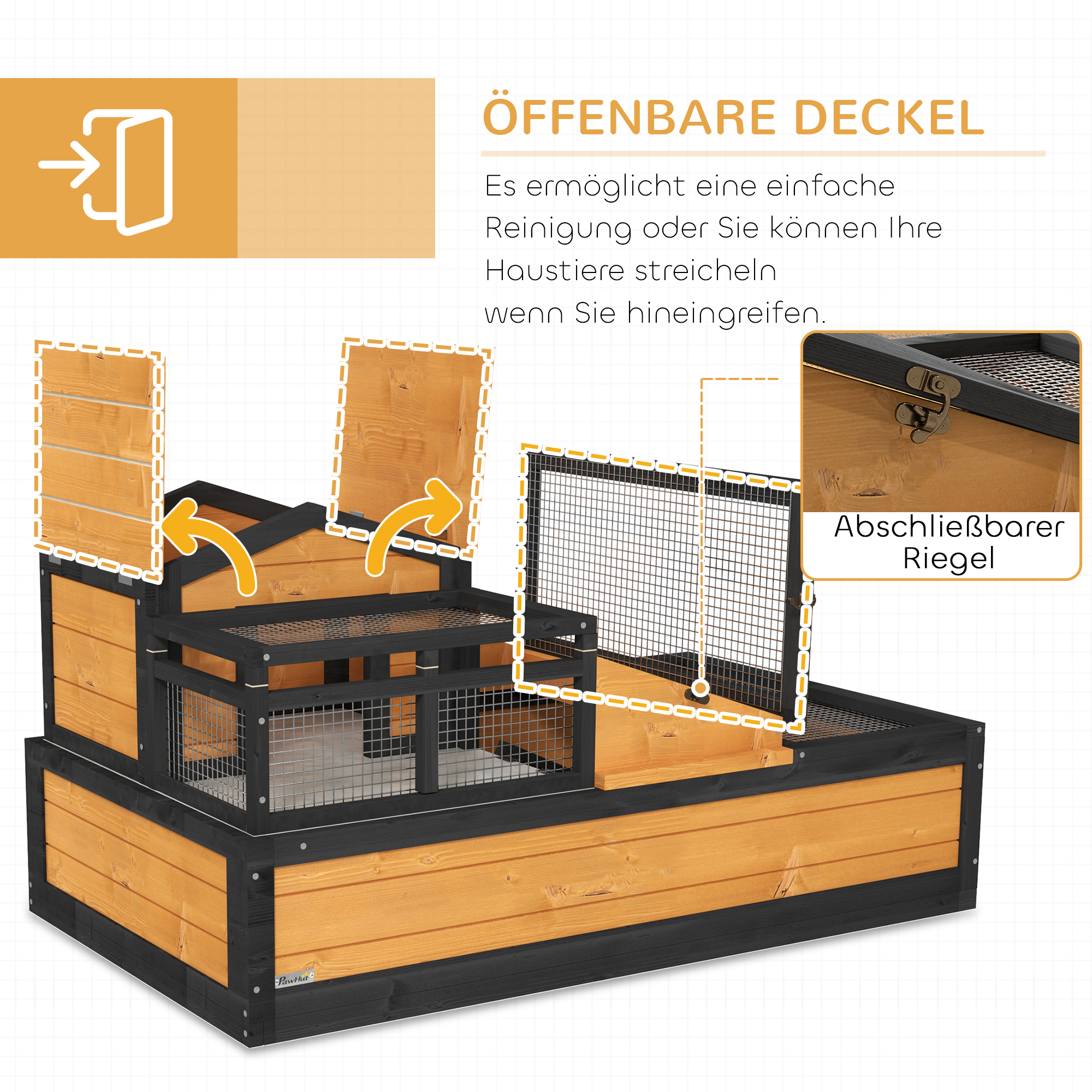 Schuldkrötenhaus, 2 Ebenen, für drinnen und draußen, Schublade, Tannenholz, Gelb