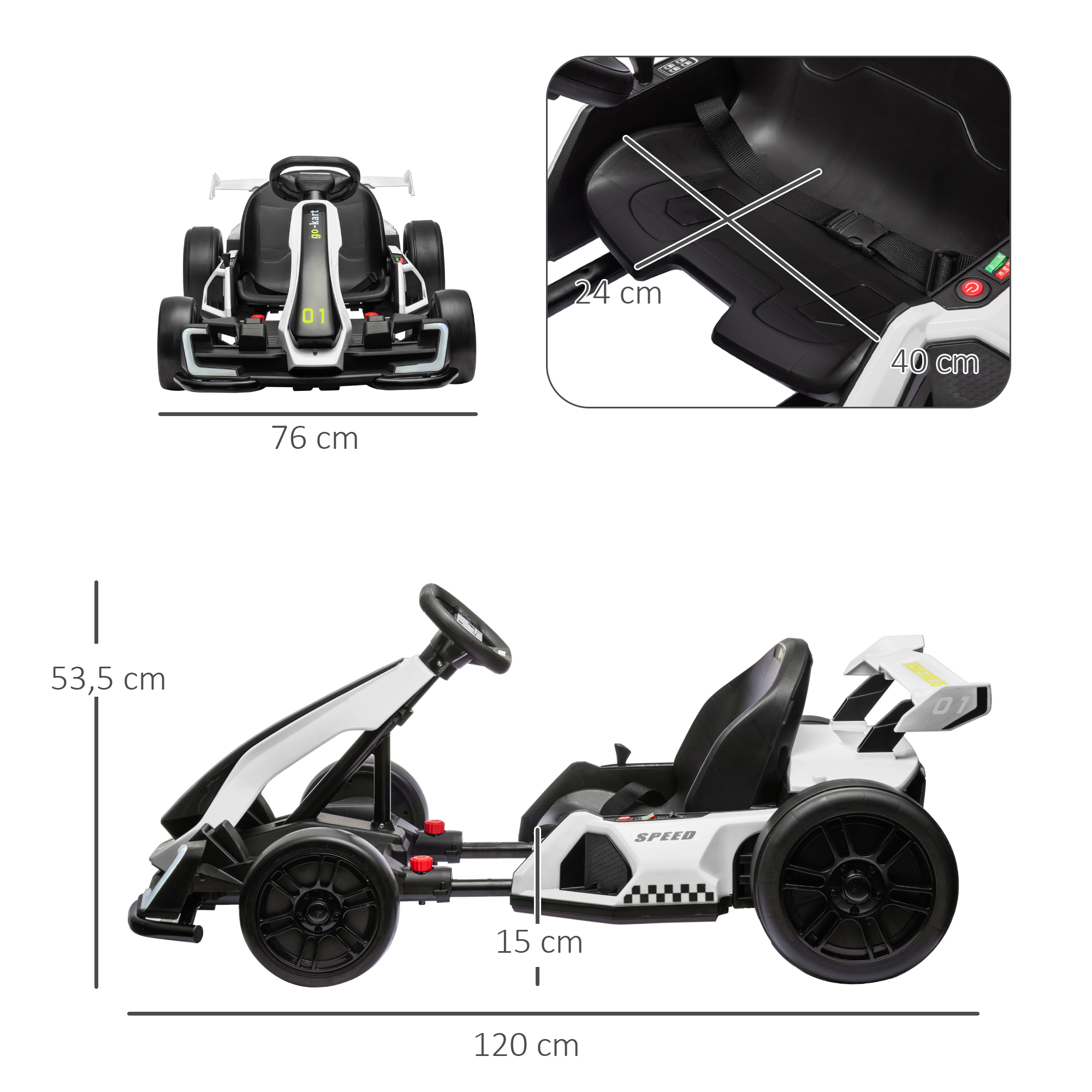 24V Elektro Go-Kart, für Kinder, bis 12 Km/h Gokart mit Drift-Funktion, 2 Motoren, verstellbarer Sitz, Sanftanlauf. schwarz-weiß