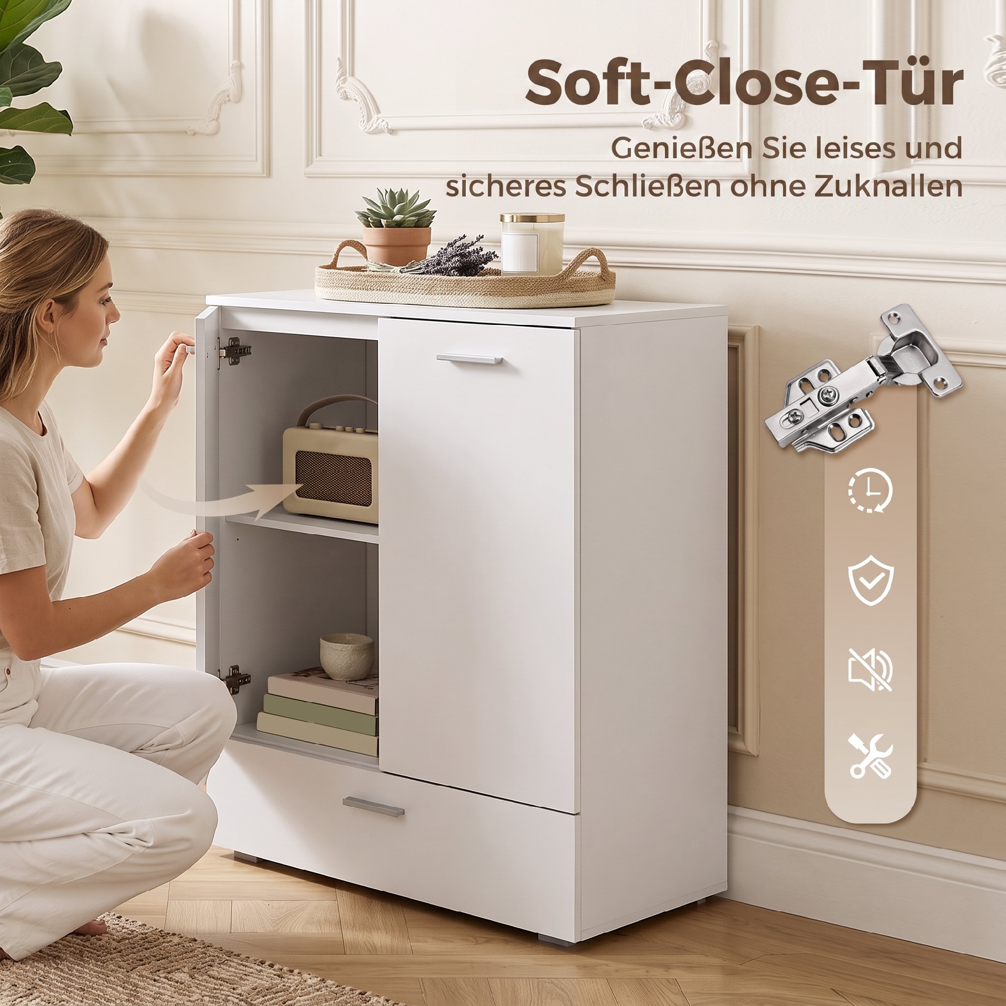 modernes Sideboard, freistehender Aufbewahrungsschrank mit Schublade und verstellbarem Einlegeboden, Weiß