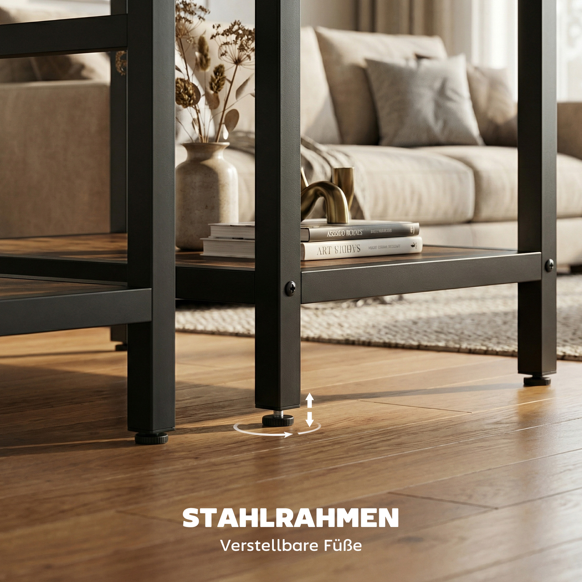 Couchtisch-Set, 2-teilig, rechteckiger und runder Tisch mit 2-stufigem Stauraum, für Wohnzimmer, Rustikal-Braun