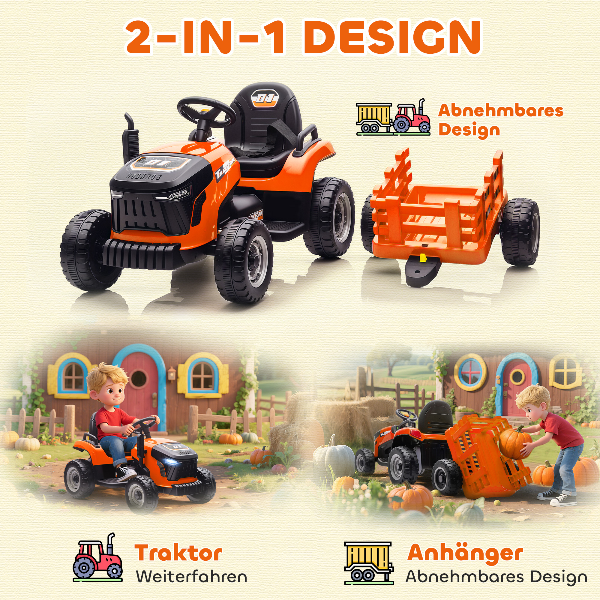 Kindertraktor, mit Fernbedienung, orange