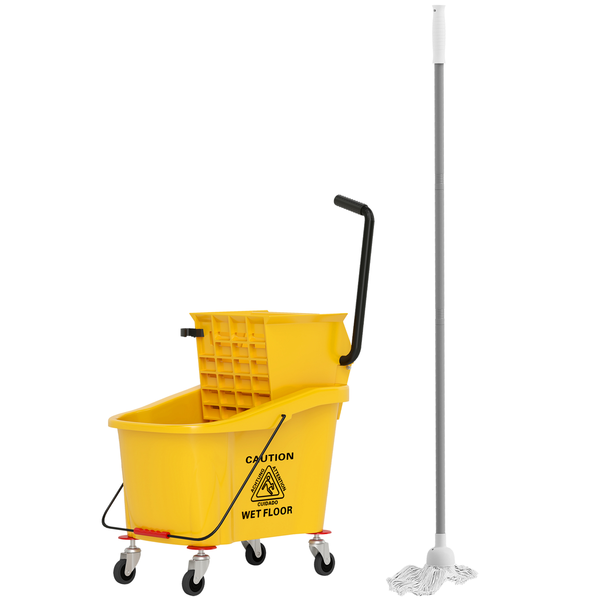 Wischeimer auf Rädern mit Mopp-Auswringer, Mopp-Halter, 36 Liter, Kunststoff, Gelb Wischeimer auf Rädern mit Mopp-Auswringer, Mopp-Halter, 36 Liter, Kunststoff, Gelb