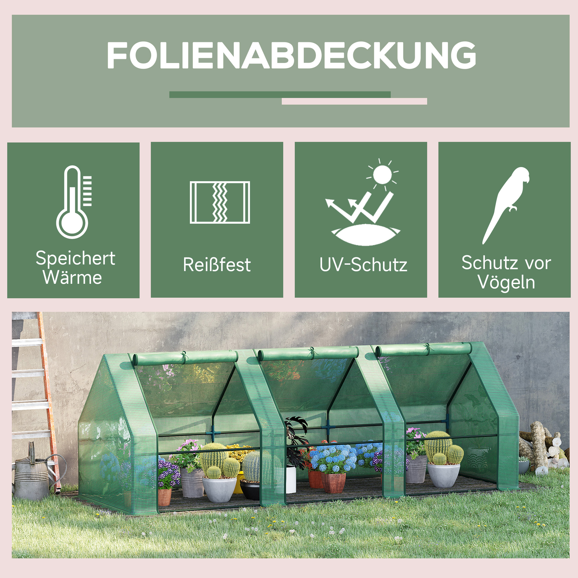 Gewächshaus mit 3 Rollfenster, PE-Gitterfolie, Foliengewächshaus aus Stahl, Treibhaus für Balkon, Garten, Tomatenhaus 270x90x90cm, Tomatengewächshaus für Gemüse, Blumen, Pflanzen, Grün