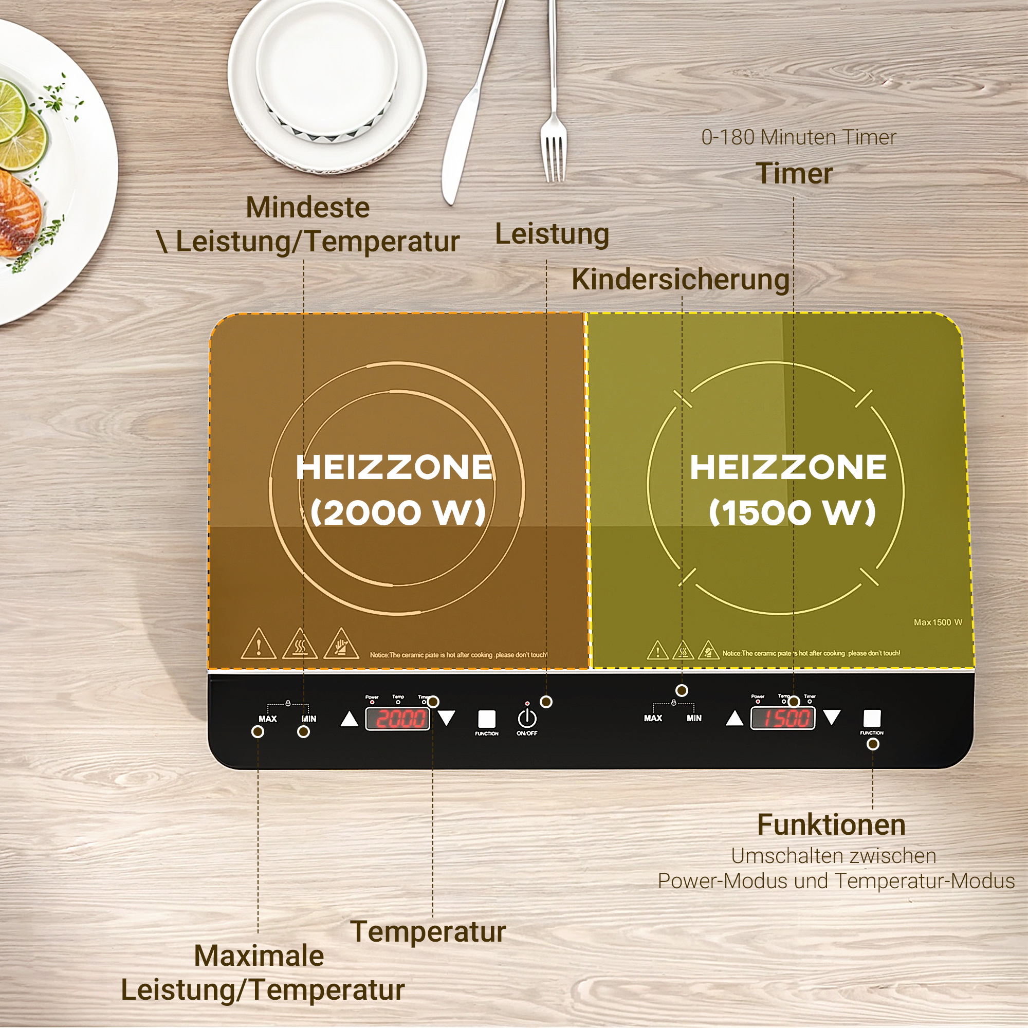 Tragbares Induktionskochfeld, 10-stufige Temperaturregelung, Touchpanel, Schwarz