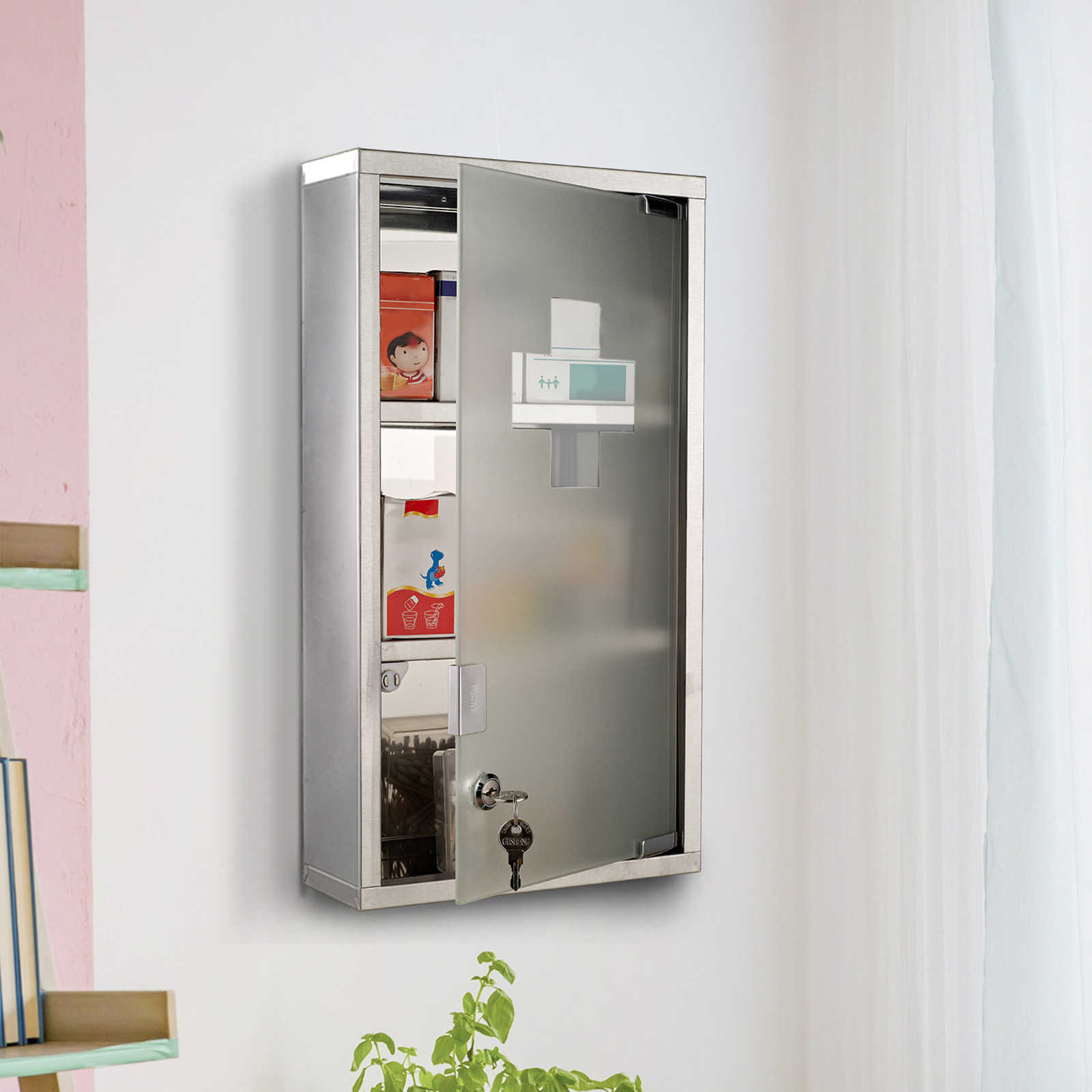 Medizinschrank aus Edelstahl Arzneischrank zur Medikamenten-Aufbewahrung, Abschließbar Medikamentenschrank mit 3 Fächer, Glastür 25 x 12 x 48 cm, Silber