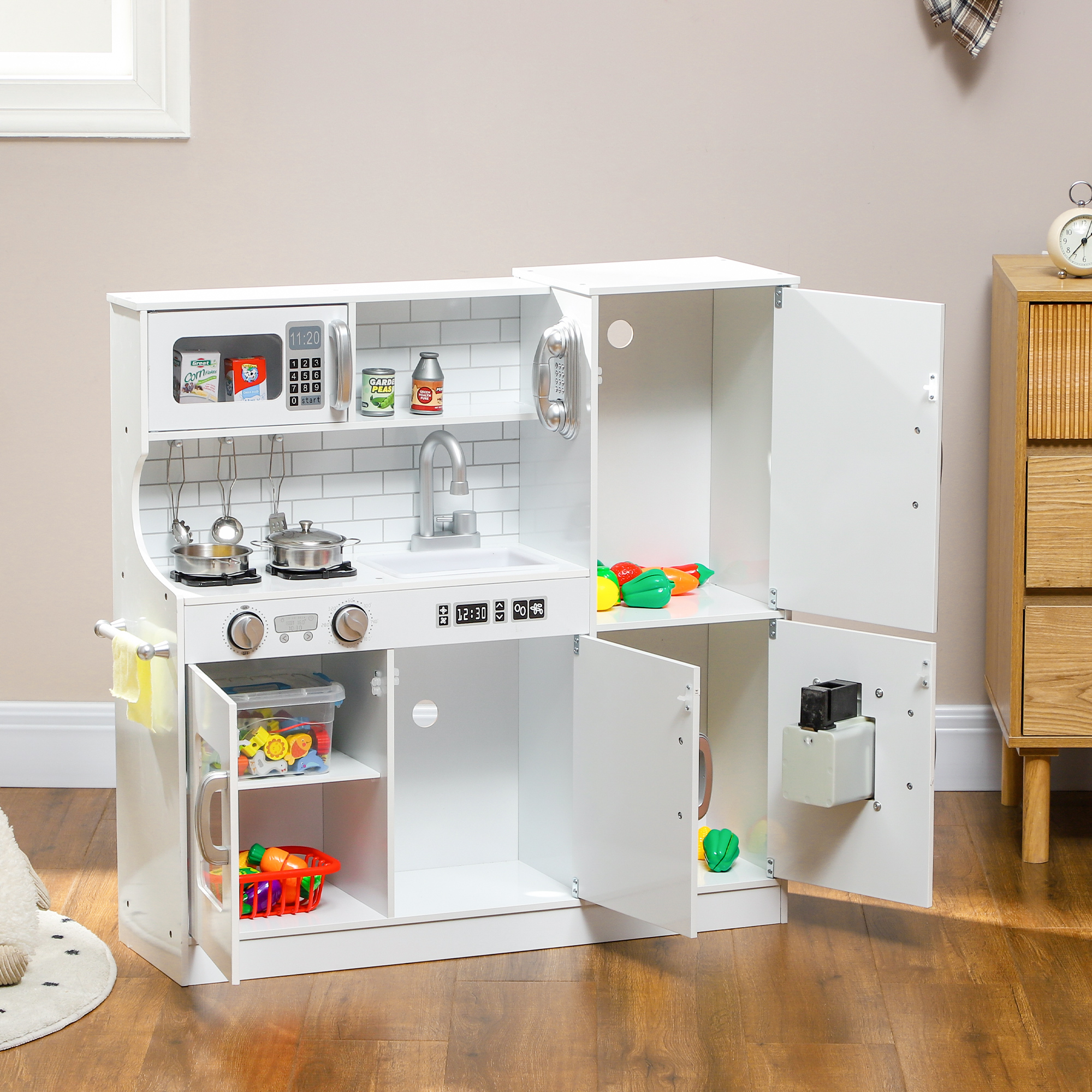 Kinderküche, Spielküche mit Telefon, Kreidetafel, Mikrowelle, Herd, Spüle, Zubehör, Eiswürfelmaschine, 3-8 Jahre, Weiß