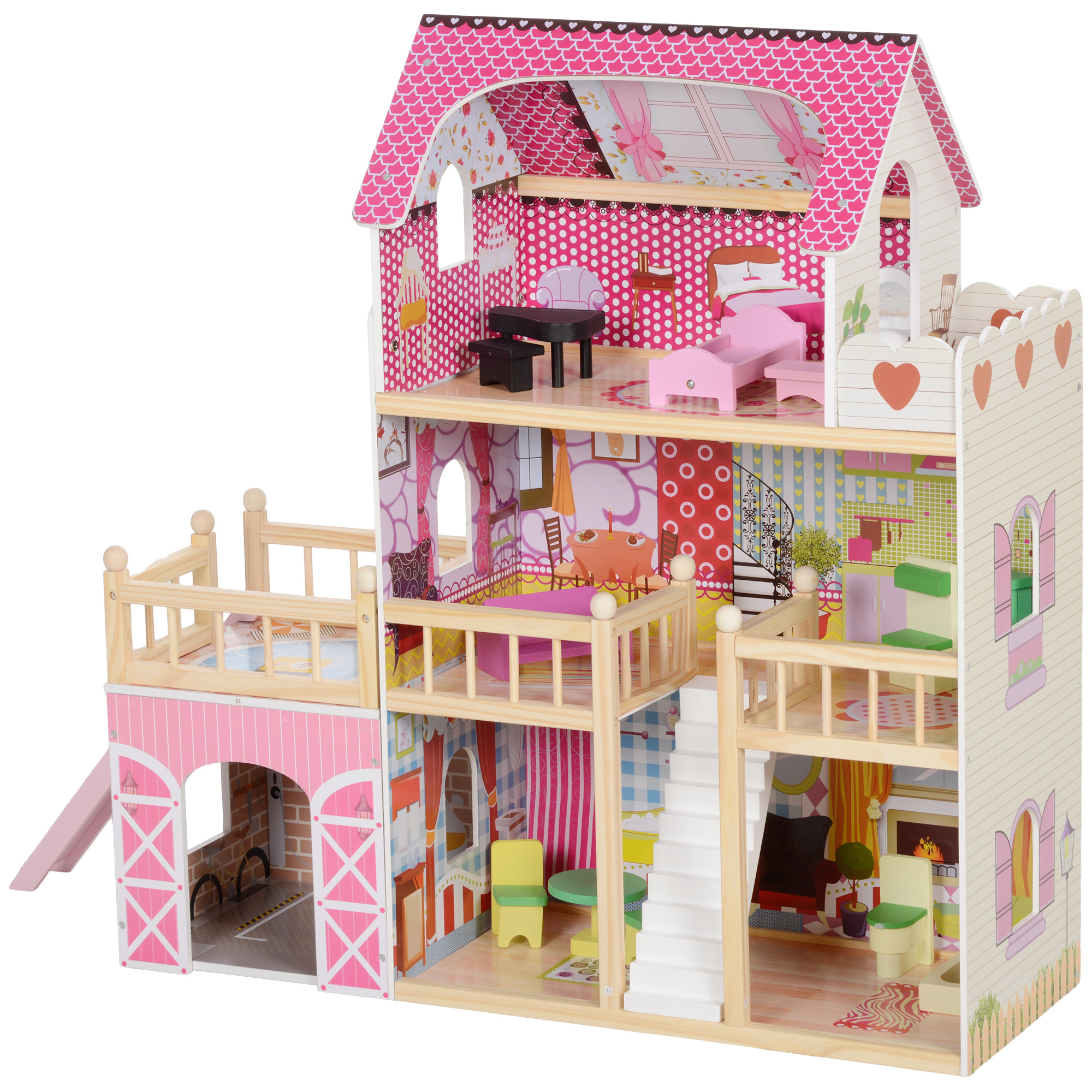 Puppenhaus, 3 Etagen, 13 Möbelstücke, Garage, Rutschen & Balkon, 114 x 32 x 92 cm, Rosa Puppenhaus, 3 Etagen, 13 Möbelstücke, Garage, Rutschen & Balkon, 114 x 32 x 92 cm, Rosa