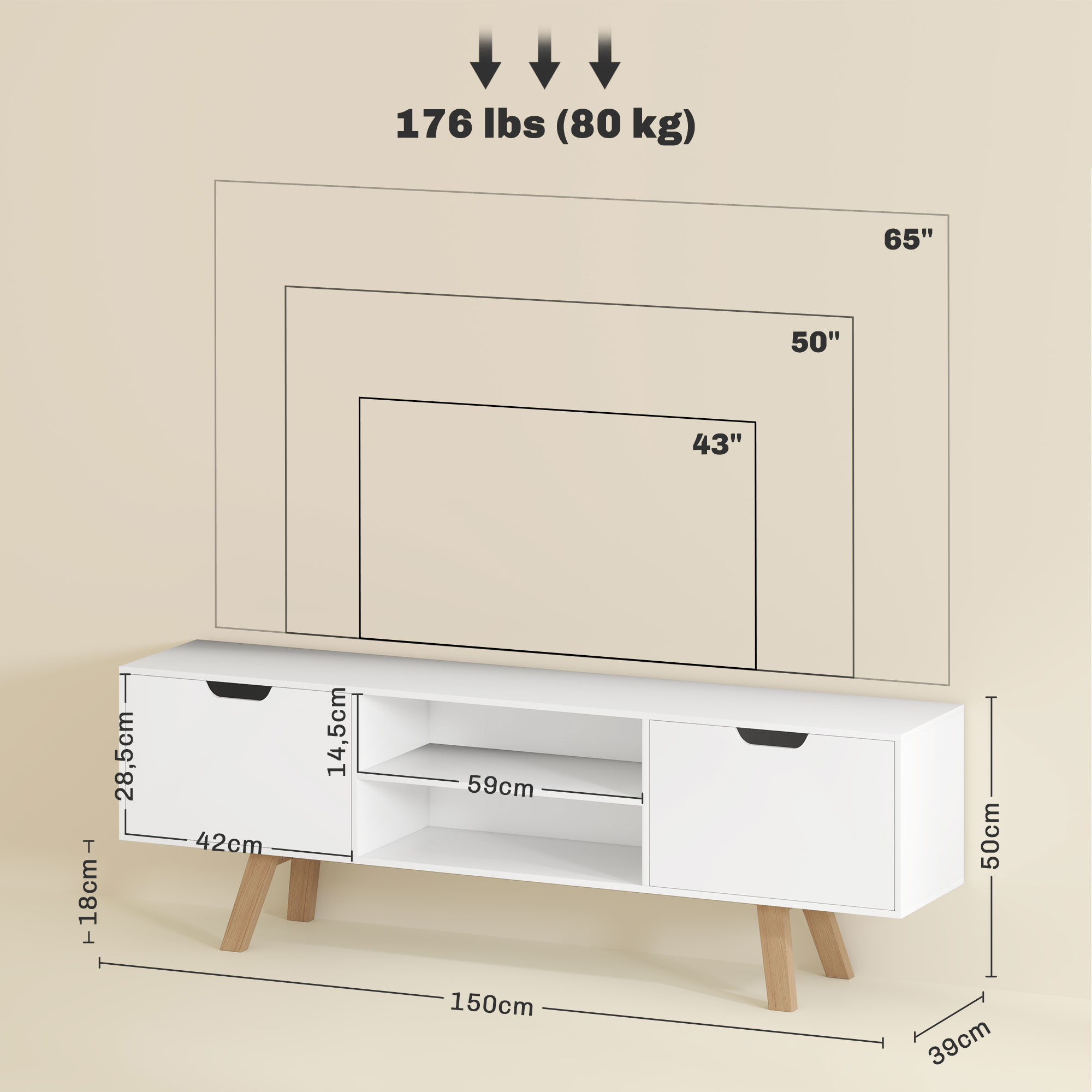 TV-Kommode mit Schubladen und offenen Regalen, MDF, 150 x 39 x 50 cm, Weiß