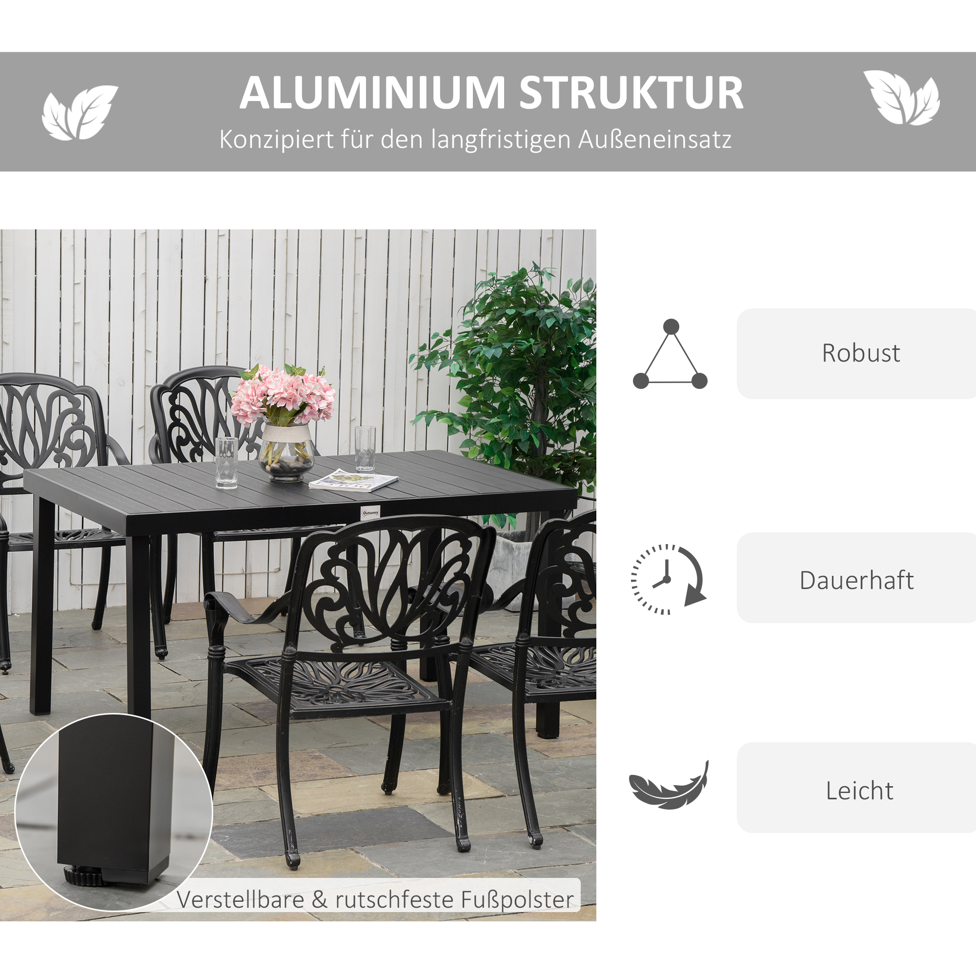Gartentisch für 6 Personen Esstisch Aluminiumtisch Gartenmöbel Loungemöbel pflegeleicht Kunststoff Schwarz 140 x 90 x 74 cm