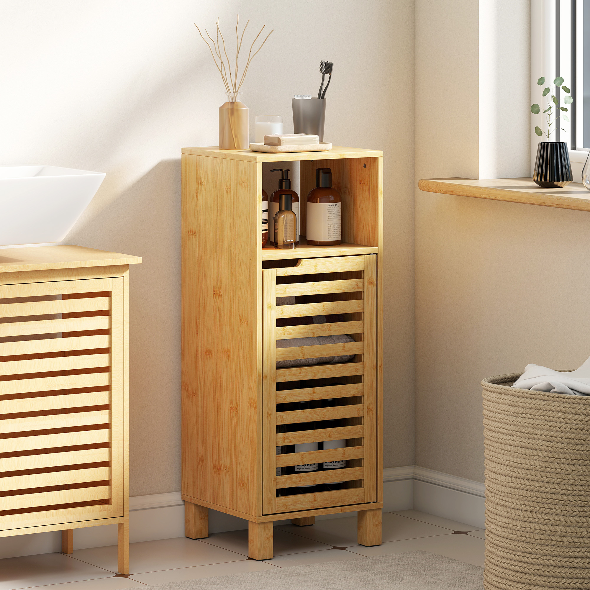 Badezimmerschrank, offenes Regal, Schrank, Bambusholz, Lamellentür, Hellbraun