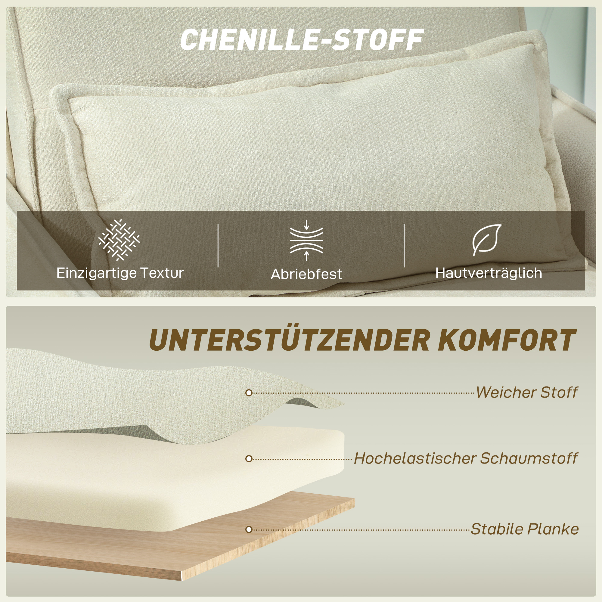 Schlafsessel 3 in 1 Umwandelbarer Sessel mit Bettfunktion, Lendenkissen, für Wohnzimmer Creme