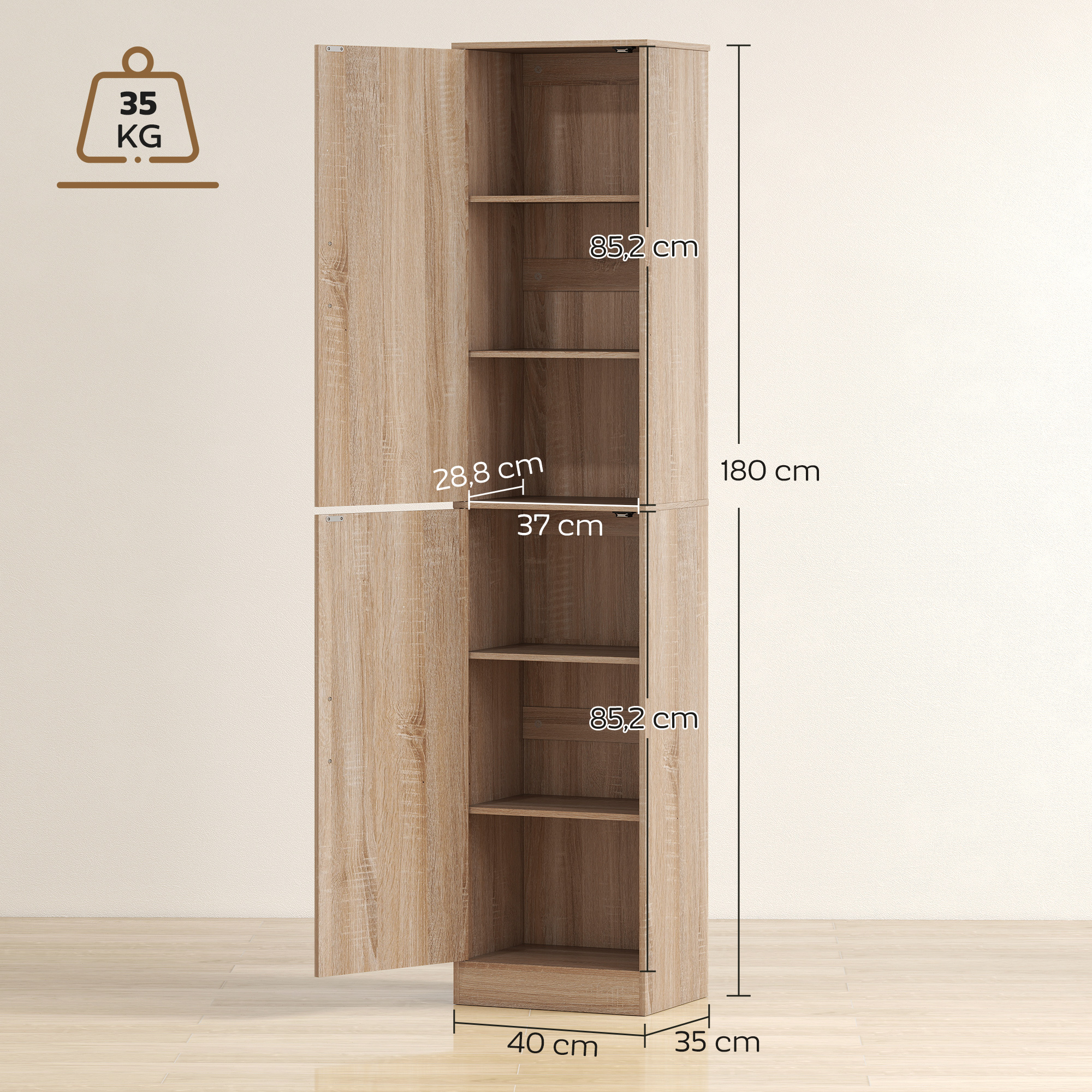 180 cm hoher Badezimmerschrank, schmaler Badschrank mit 2 Türen, 4 verstellbare Regale, Spanplatte, MDF, Naturholz
