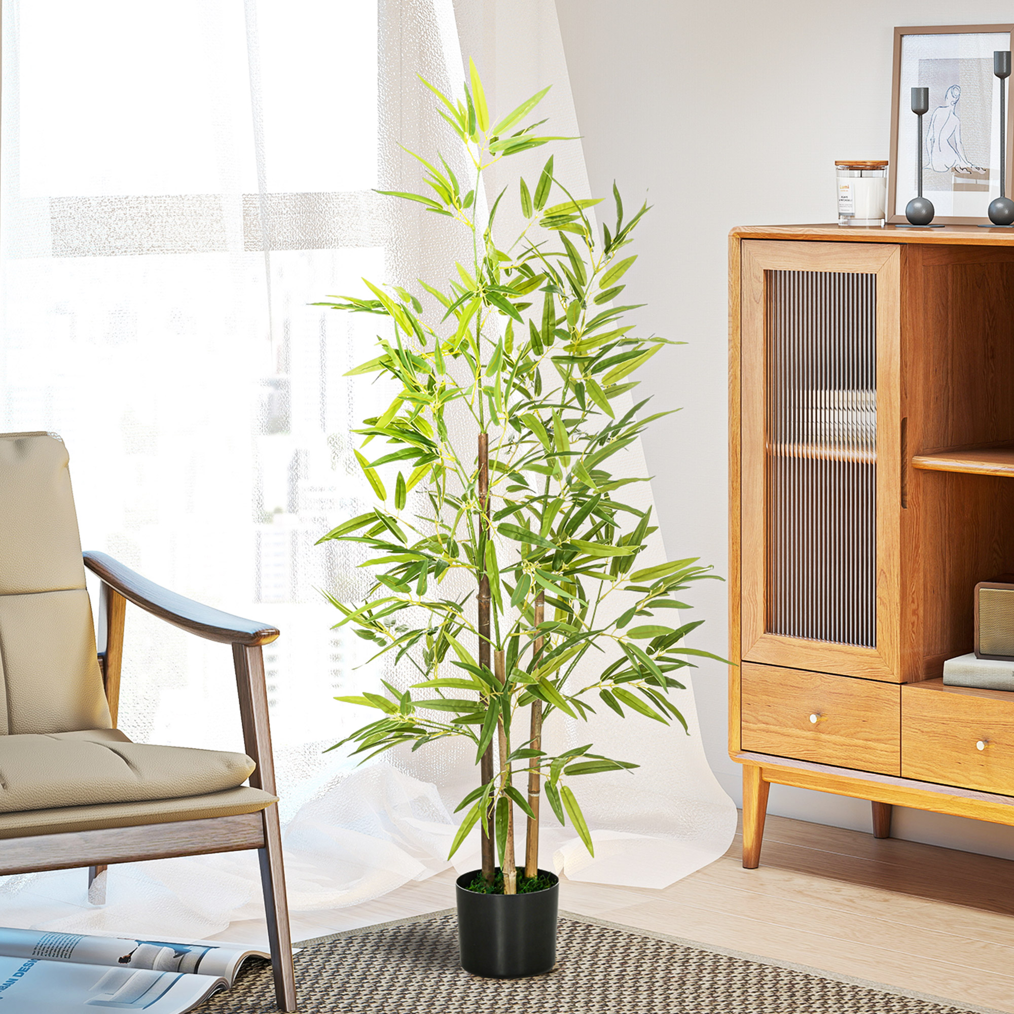 Bambus-Kunstbaum 2er-Set, 3 Stämme, pflegeleicht, 120 cm, Zementtopf, Grün