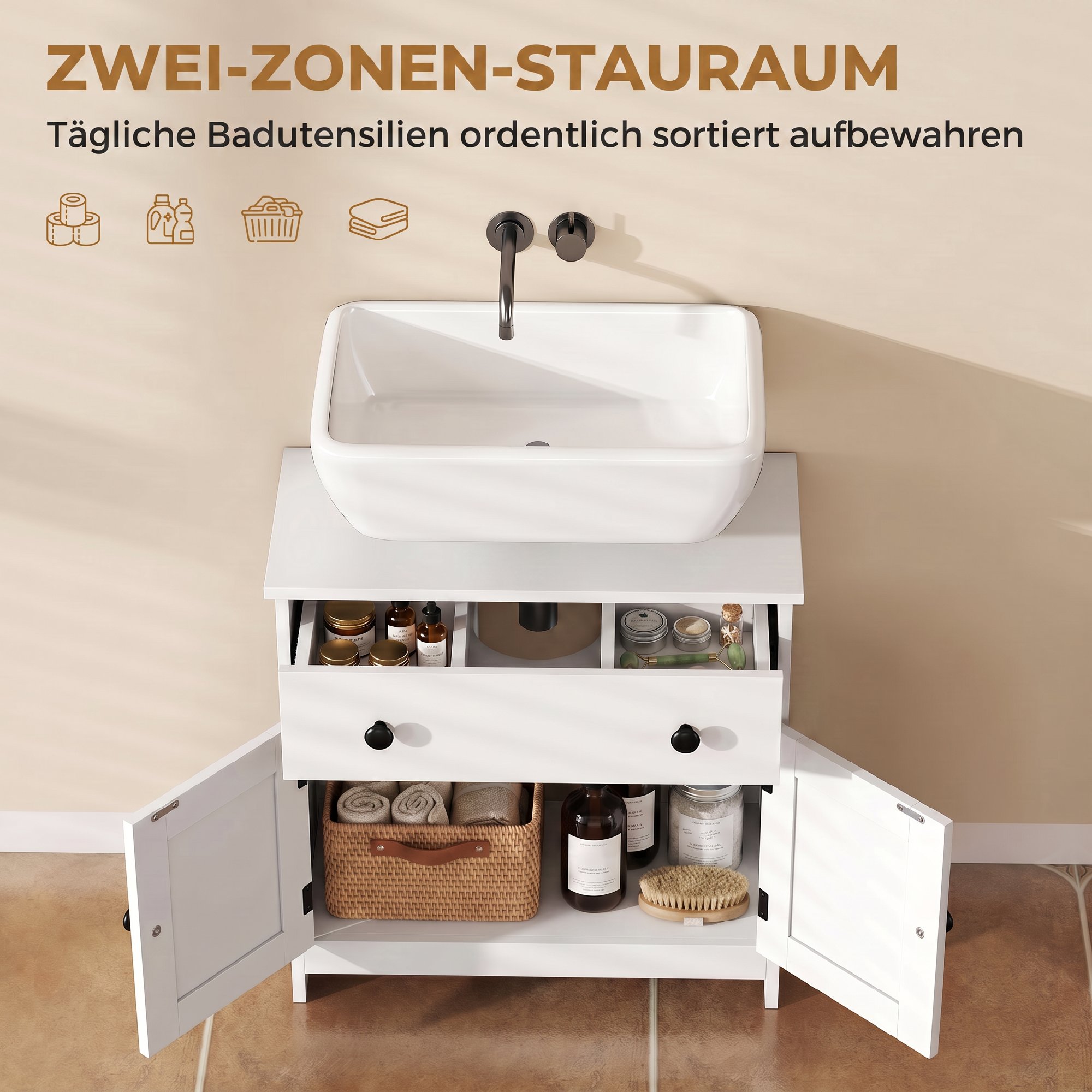 Waschbeckenunterschrank, modern und freistehend, mit Soft-Close-Scharnieren, Schublade und 2 Türen, Weiß