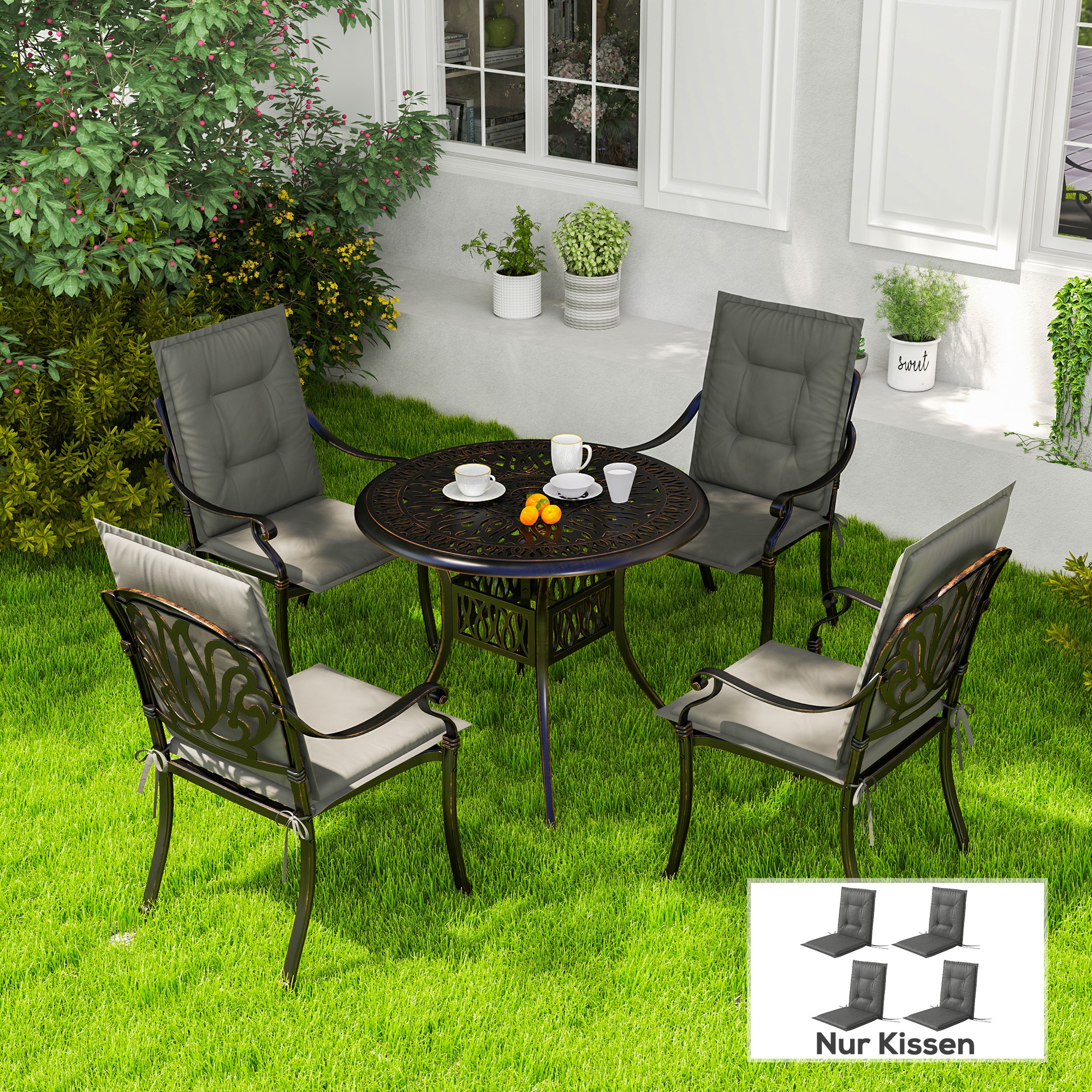 4er Set Sitzkissen 108 x 50 x 5 cm Stuhlkissen mit Bändern, Outdoor Indoor Sitzauflage Hellgrau