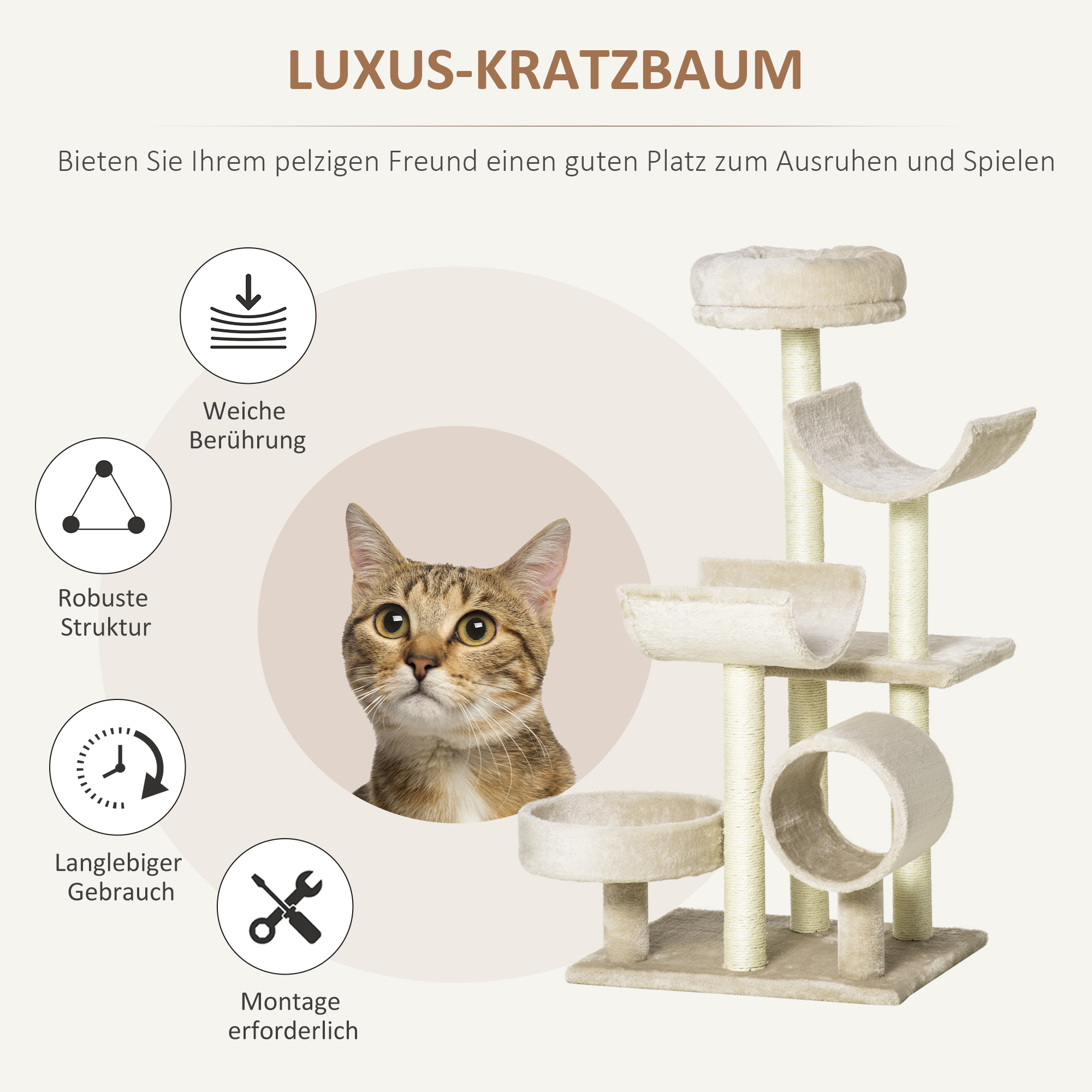 Katzenbaum Katzenkratzbaum Katzen Kletterbaum Kratzbaum Spielzeug Tunnel Beige L50 x B40 x H105 cm