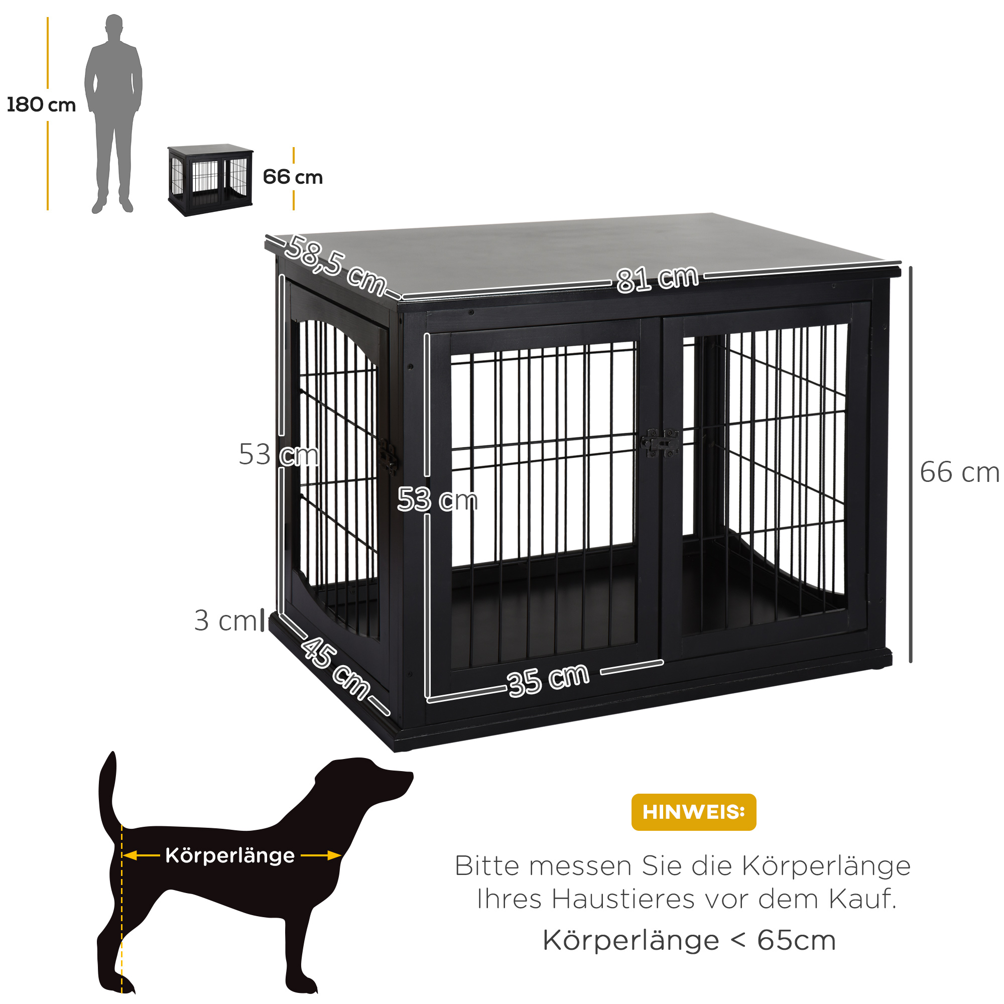 Transportbox für Hunde 58,5 cm x 81 cm x 66 cm Türen, MDF-Holz Eisen, 58, 5 cm x 81 cm x 66 cm, Schwarz
