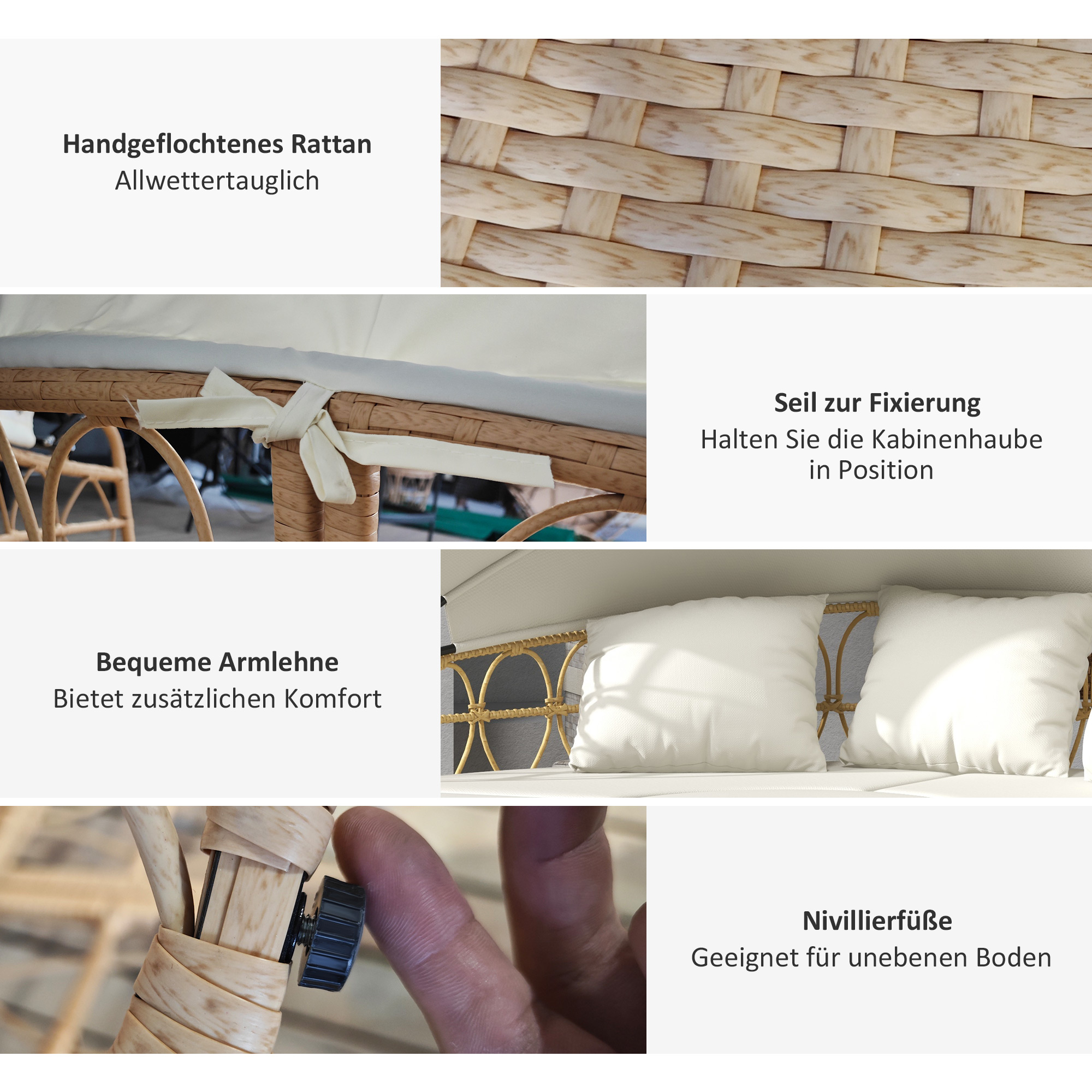 Sonneninsel, 4-teilig, ausziehbares Dach, 5 Kissen, Rattanoptik, 178B x 85T x 66,5H cm, Beige