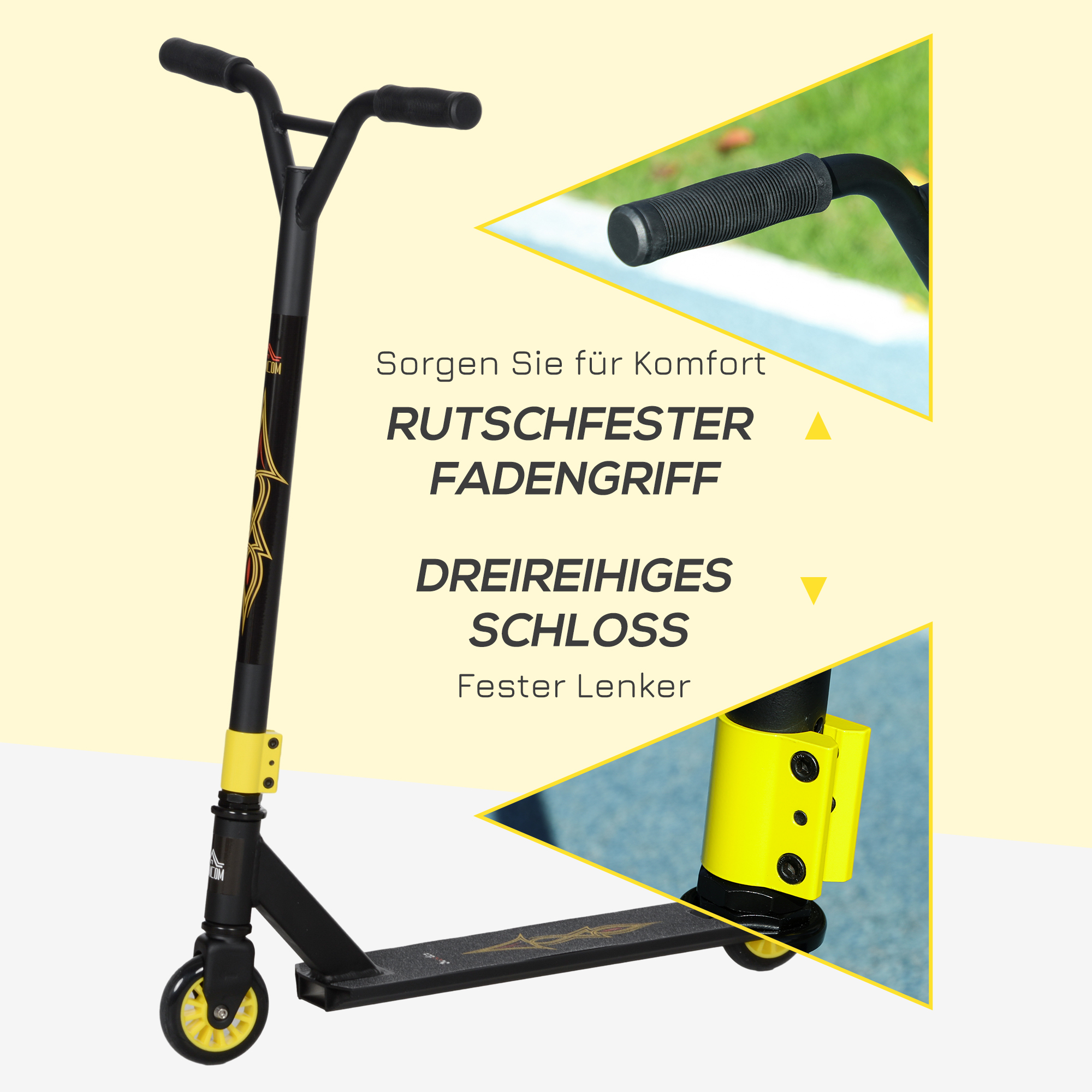 Pro Stunt-Scooter, Tretroller für Freestyle Tricks, Aluminium, Metall, Kunstleder, für Kinder und Erwachsene, Gold