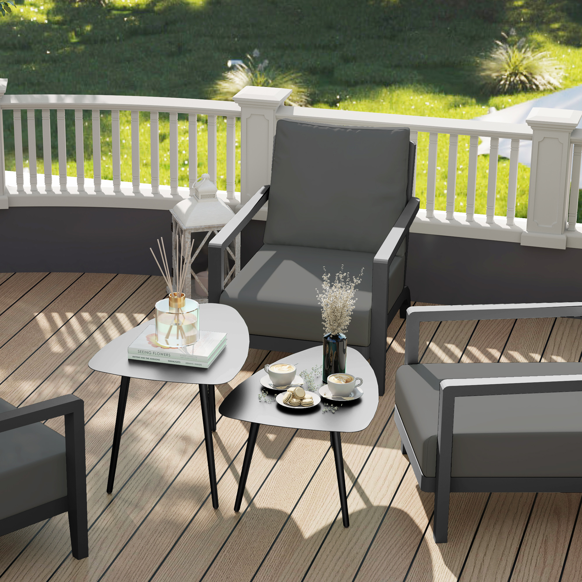 Couchtisch 2er Set, Wetterfest Balkontisch aus Stahl, Beistelltisch im Geometrischem Design Schwarz