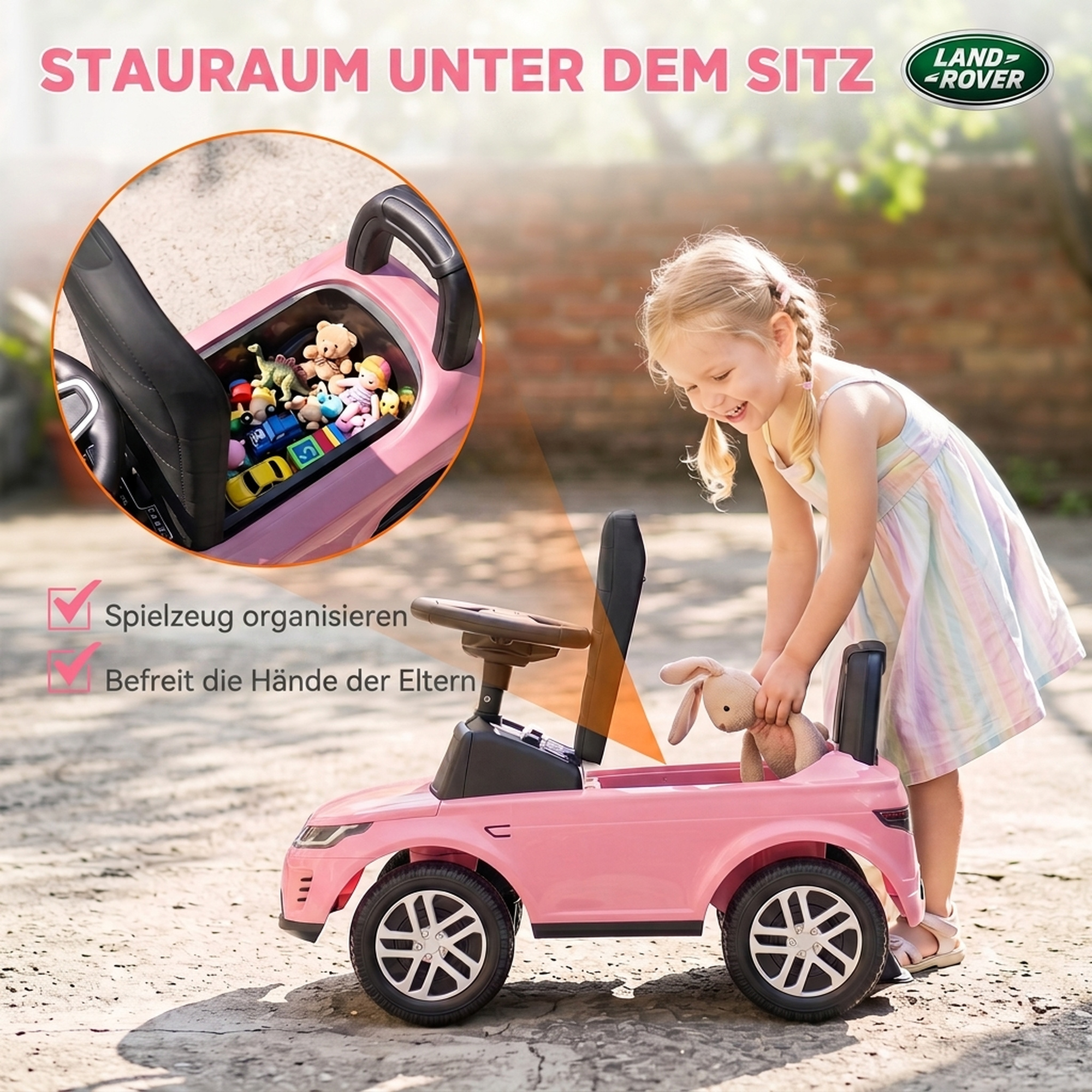 LAND ROVER DISCOVERY Rutschauto, Rutschfahrzeug mit Hupe, Motorgeräuschen Stauraum unter dem Sitz 18-36 Monaten Rosa