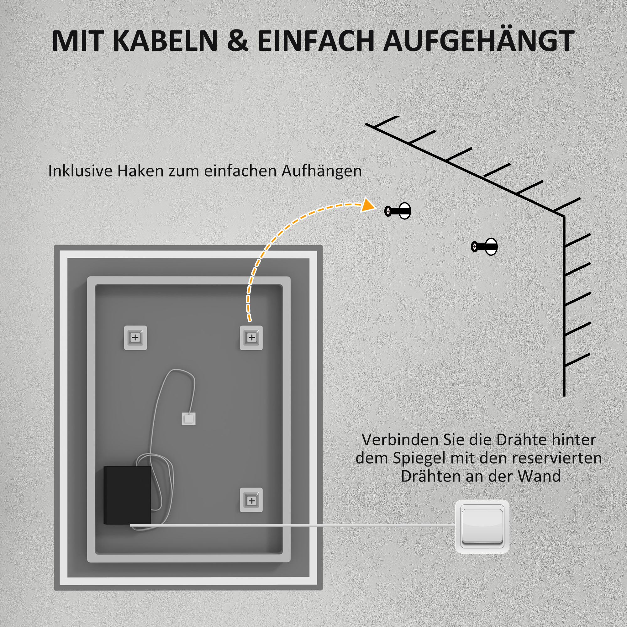 Badspiegel mit Beleuchtung 90x70 cm LED Spiegel Wandspiegel mit Memory-Funktion 3 Lichtfarben Silber