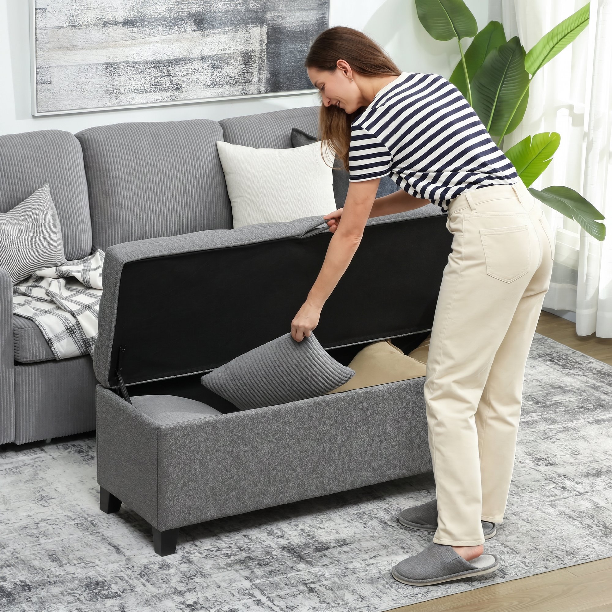 Sitzbank mit Stauraum, Polsterbank 120x40x48 cm mit Sicherheits-Scharniern, Leinenoptik, Dunkelgrau