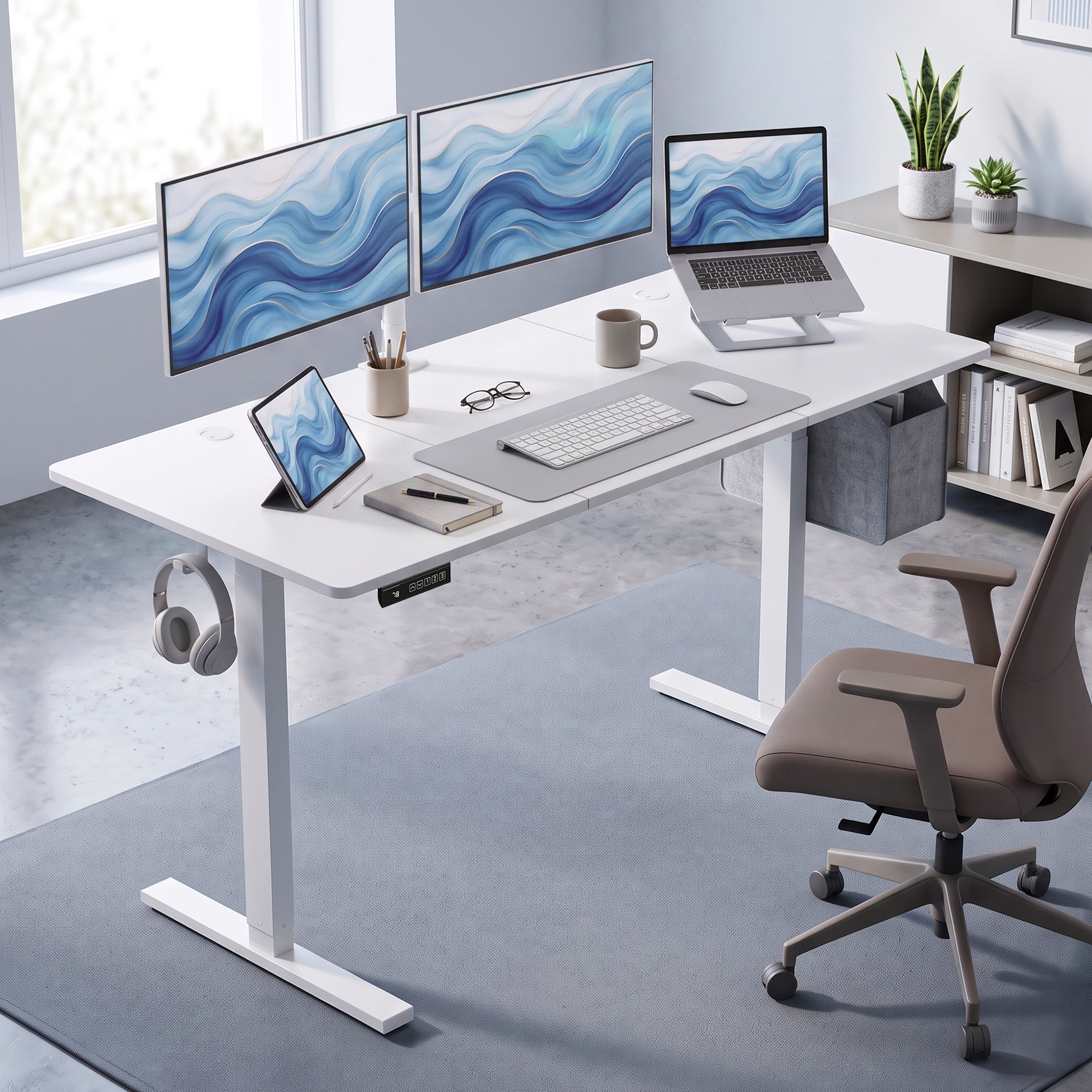 höhenverstellbarer Schreibtisch mit Memory-Funktion, 2 Kabeldurchlässen und LED-Display, Sitz-Steh-Schreibtisch, Weiß