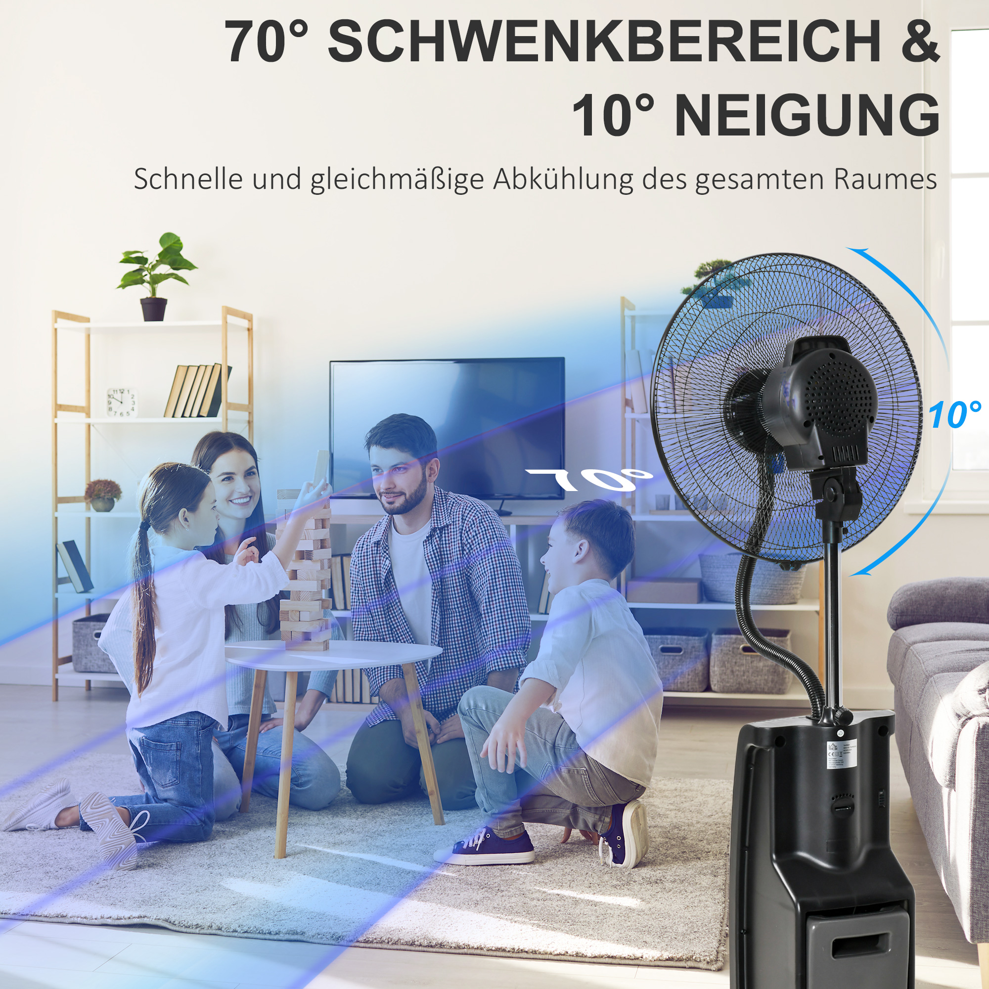 Ventilator mit Wasserkühlung, Standventilator mit Sprühnebel, Fernbedienung, oszillierend, Timer, 3,1 L Wassertank, 3 Modi, 90 W Wasserventilator mit Rollen, 135 cm