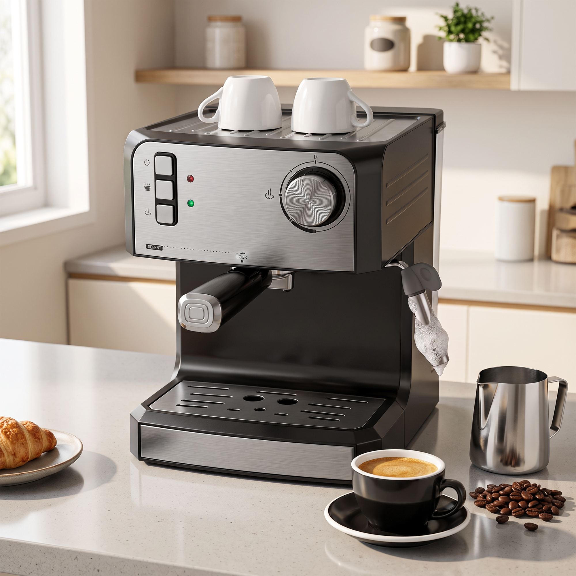 Espressomaschine, 20-Bar-Kaffeemaschine mit Milchaufschäumdüse, 1,6-l-Wassertank, Schwarz