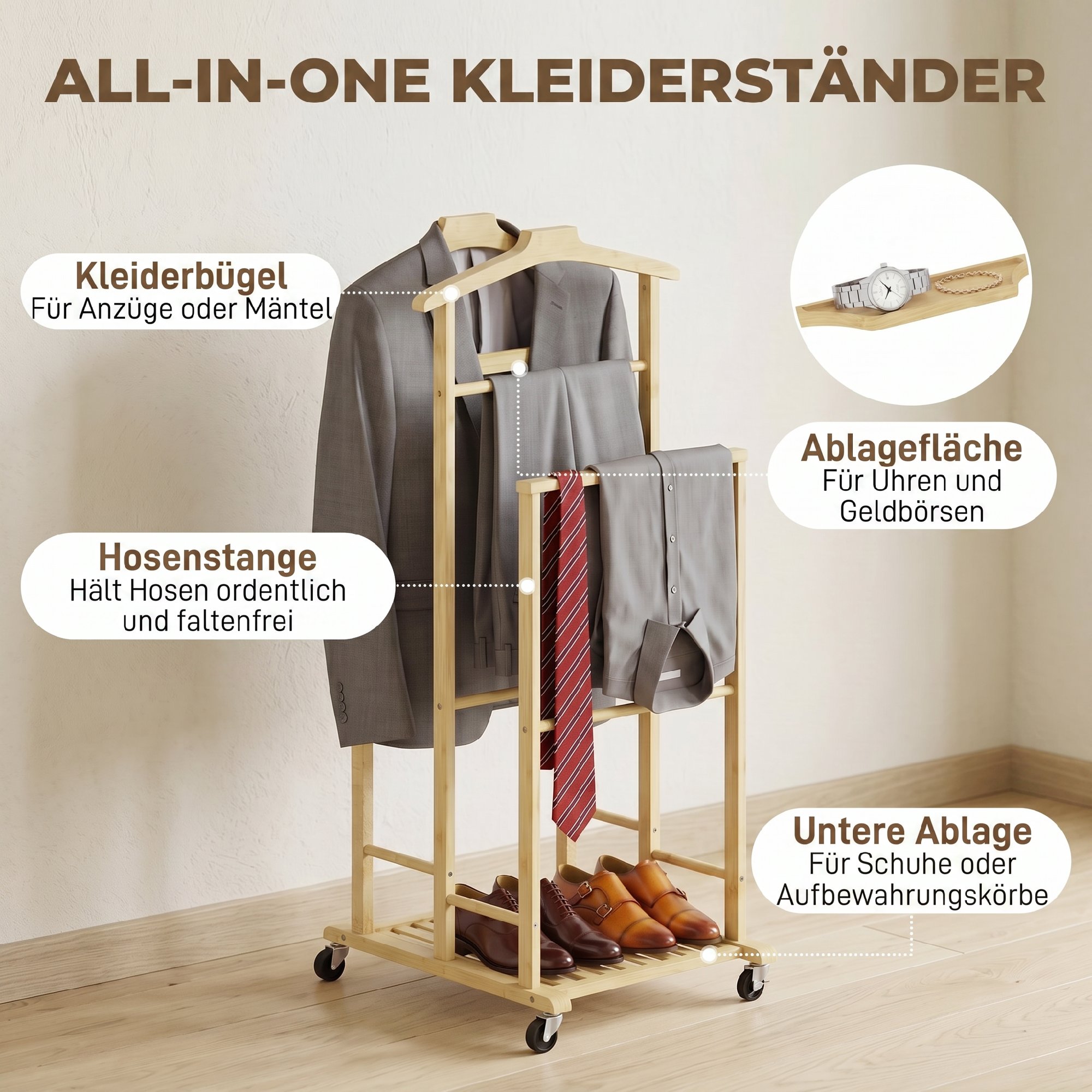 Bambus-Kleiderständer auf Rollen, kompakt, mit Bügeln, Hängestangen, Ablage und unterem Regal, Eichenoptik
