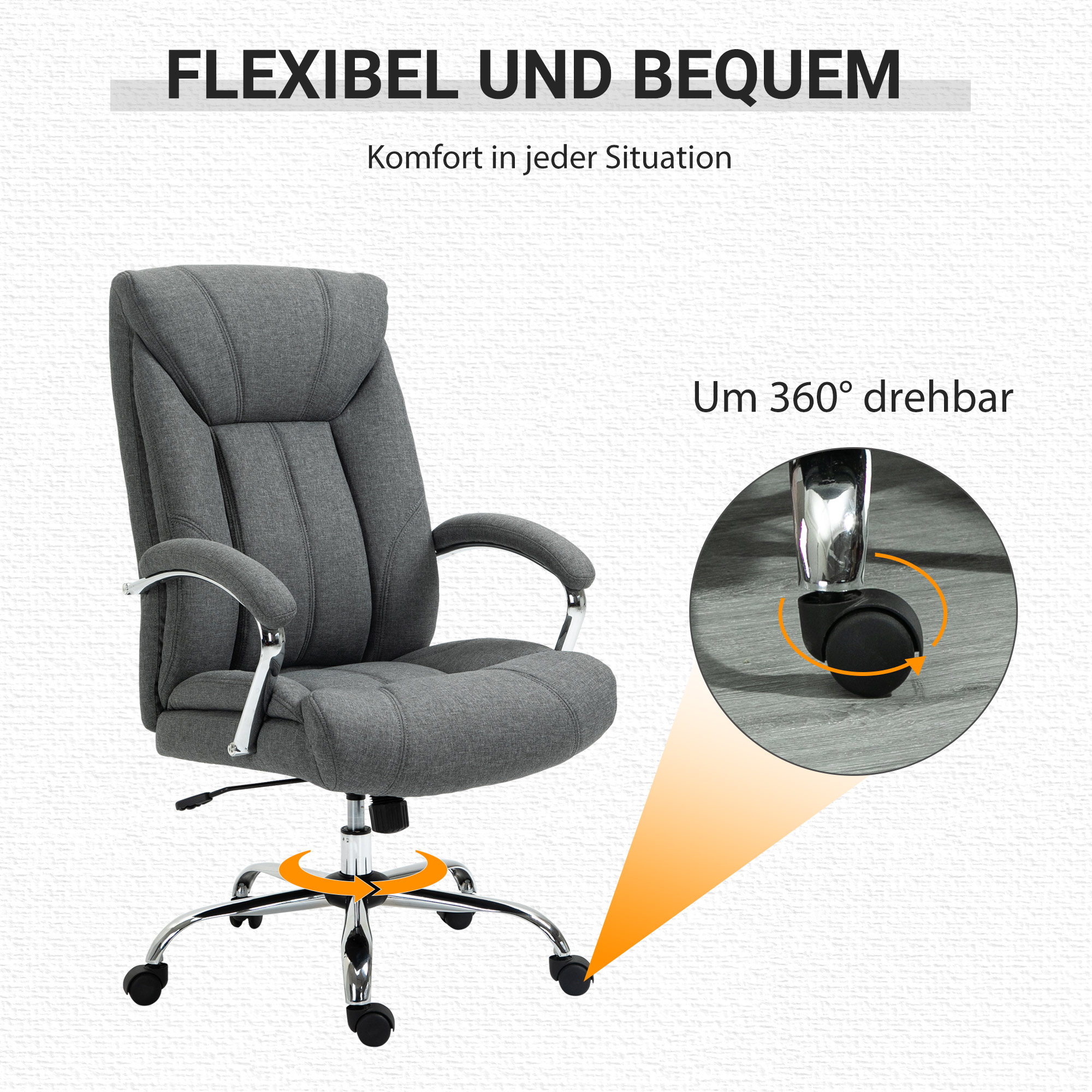 Bürostuhl mit Wippfunktion ergonomischer Stuhl mit gepolsterte Armlehne Kopfstütze höhenverstellbarer Schreibtischstuhl Drehstuhl mit Rückenlehne Nylon Grau 65 x 78 x 110-118 cm