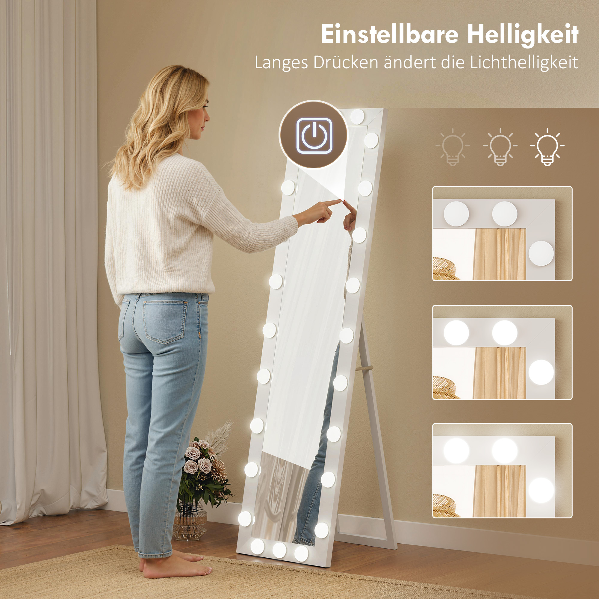 Ganzkörperspiegel 150x40 cm LED Spiegel mit 24 Glühbirnen 3 Lichtfarbe, freistehend oder anlehnbar Weiß