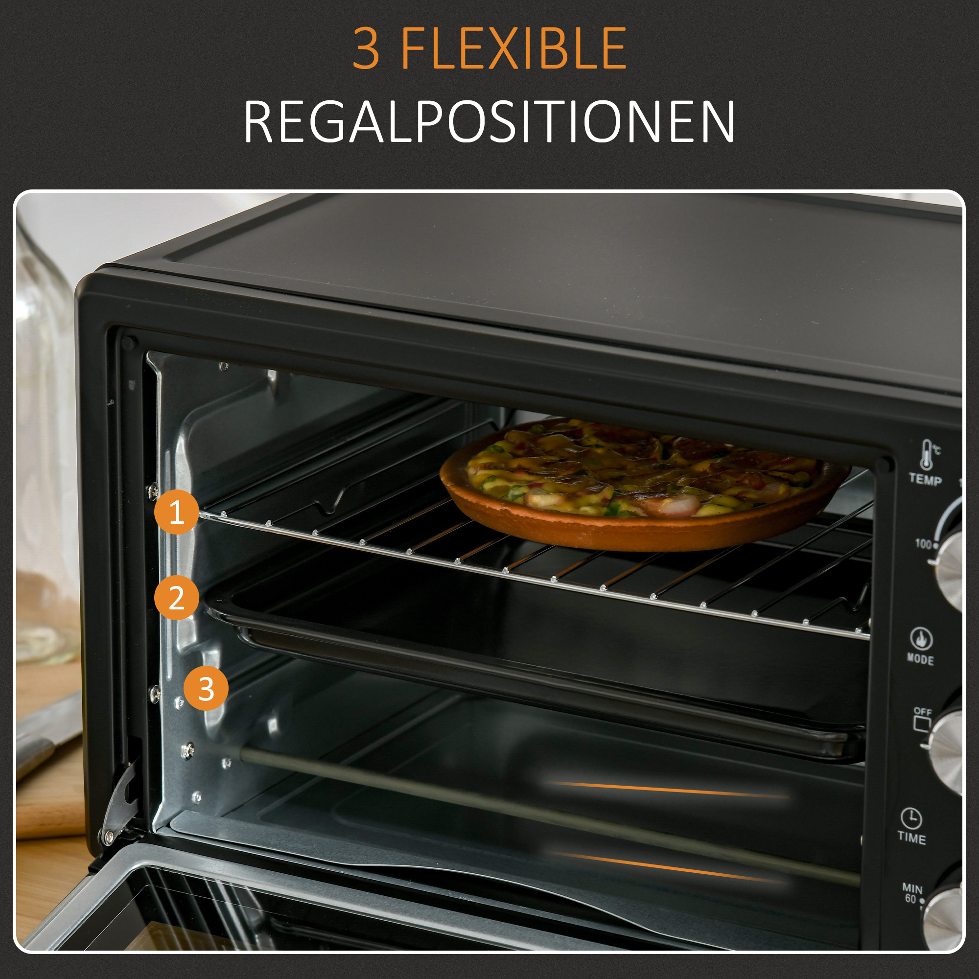 Minibackofen, 21 L Toasterofen mit 1 Drahtgestell und 1 Backblech, 3 Kochmodi, 100 °C-230 °C, Edelstahl, Glas, Schwarz