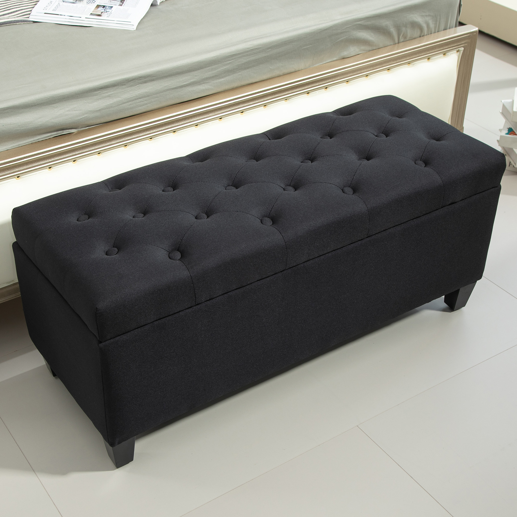 Sitzbank mit Stauraum, Truhenbank, leinenartiges Polyester, Kautschukholz, Schwarz, 100 x 40 x 44 cm