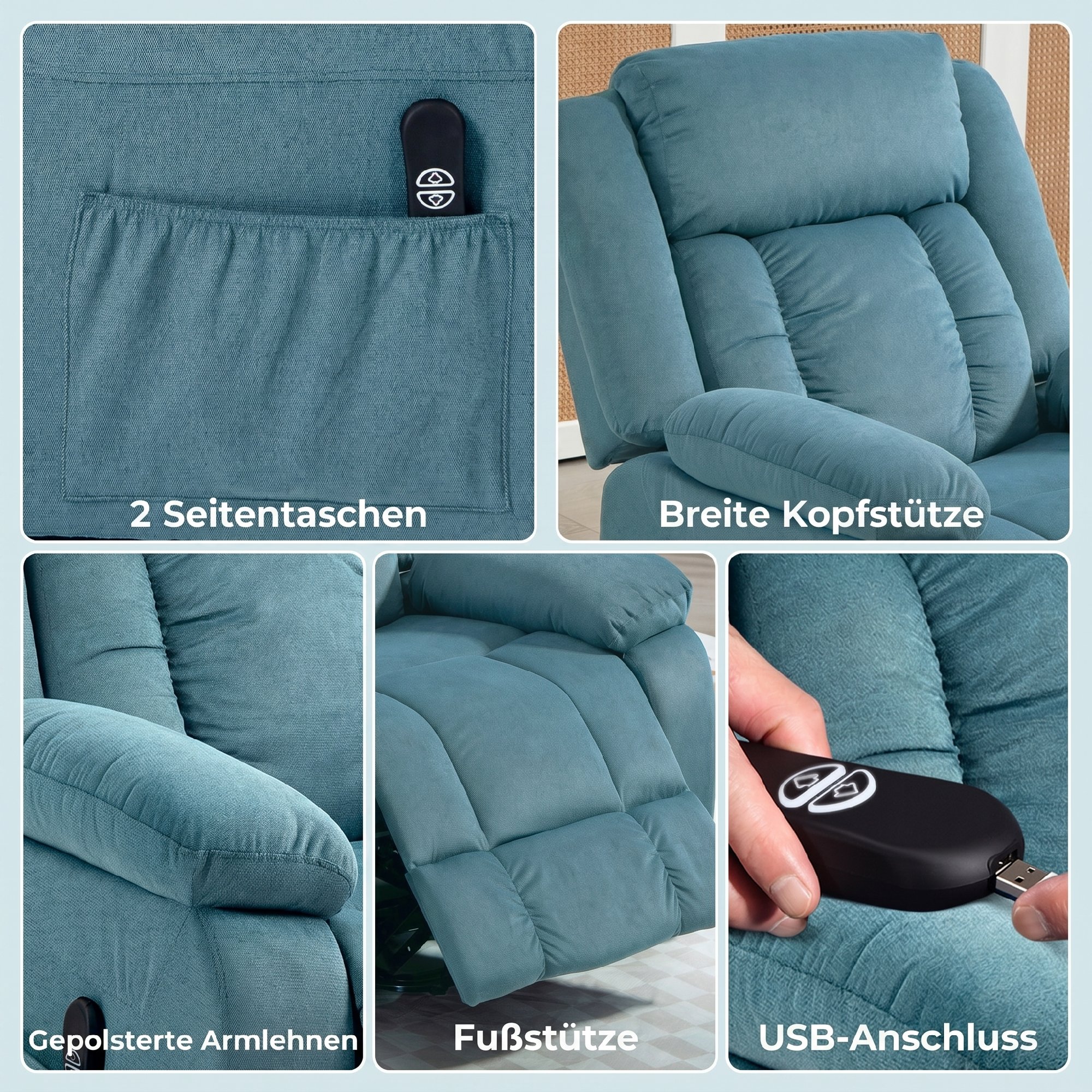 Aufstehsessel mit weichem Bezug, Recliner-Sessel mit Fernbedienung und Seitentaschen, Blau