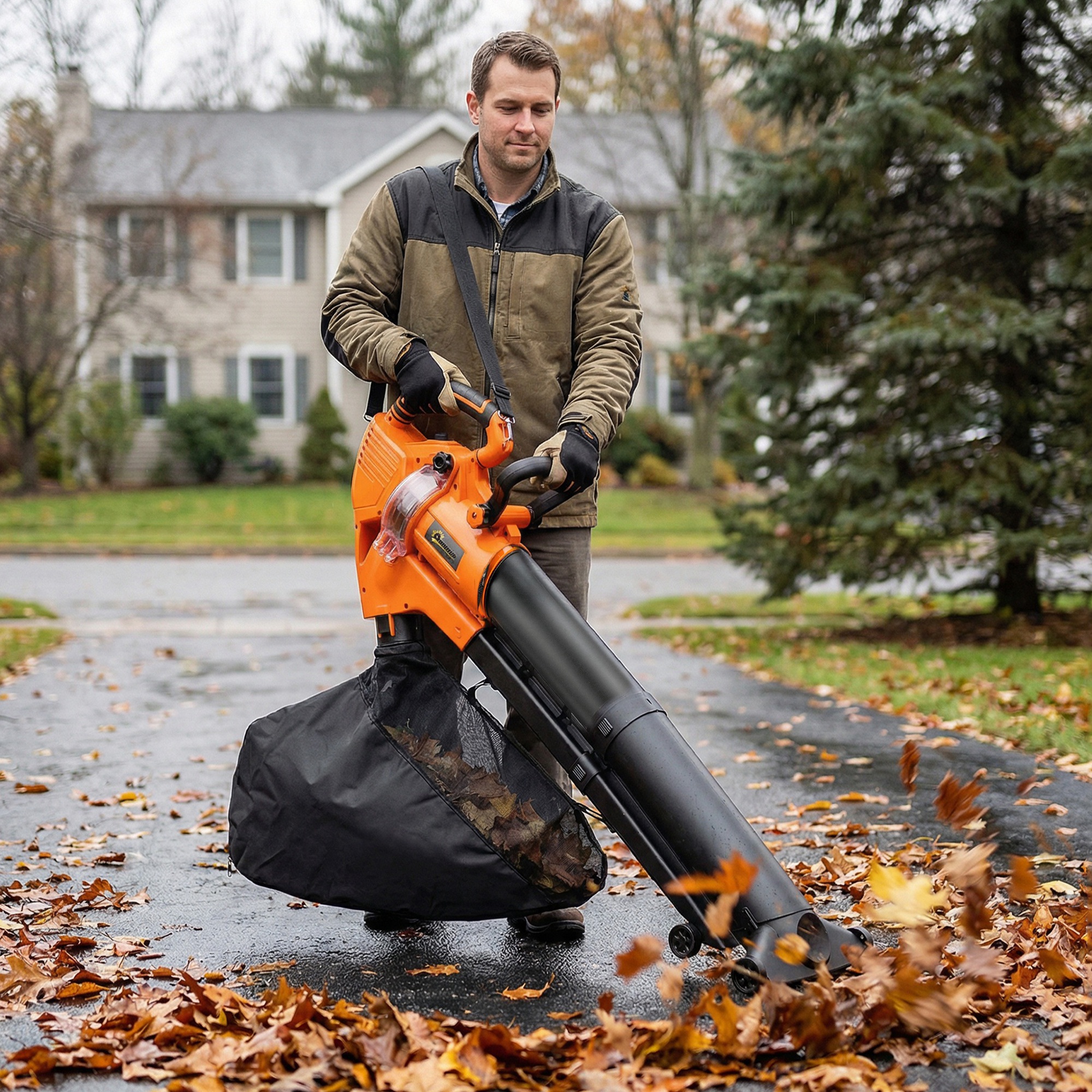 3000W 3-in-1 Elektrischer Laubbläser und Staubsauger mit 40L Auffangbeutel, 4 Rädern, verstellbarem Gurt, Orange