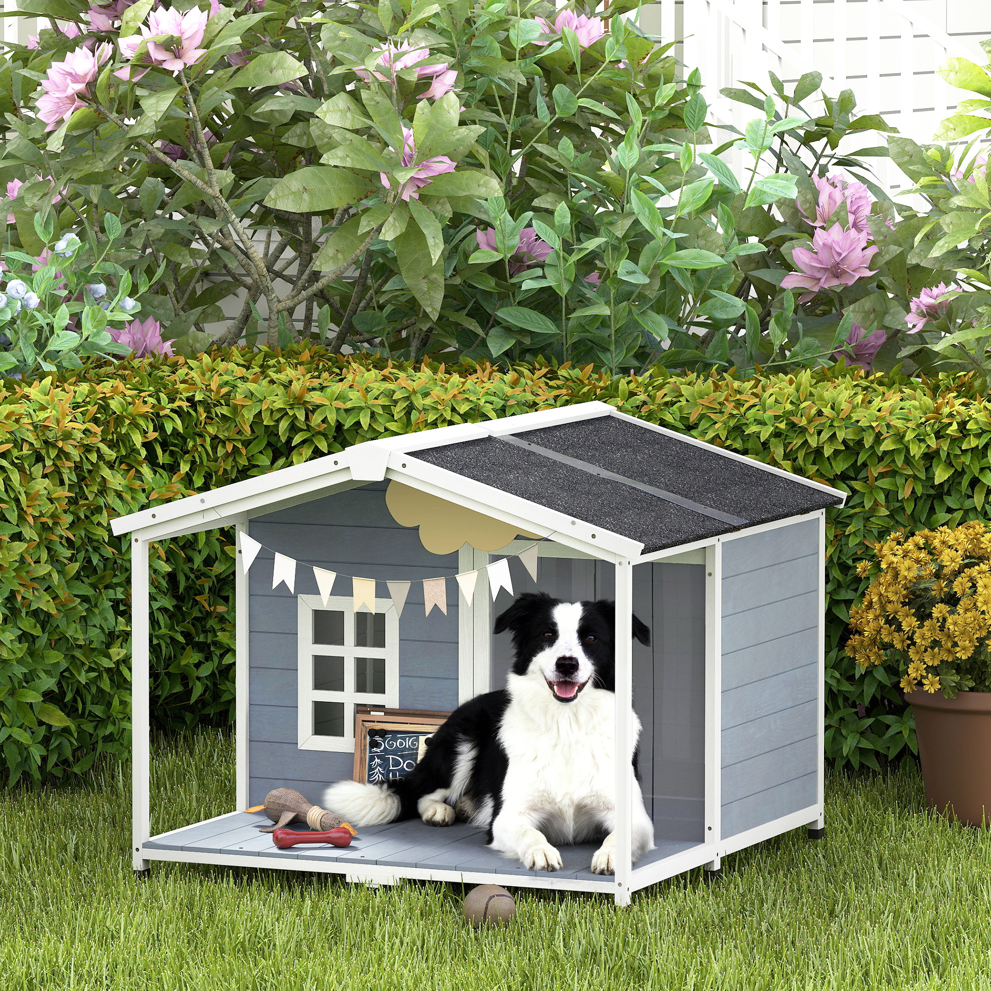 Hundehütte wetterfestes erhöhtes Hundehaus aus Holz mit Asphaltdach, Terrasse, für mittelgroße Hunde 103x107x83,5cm Grau